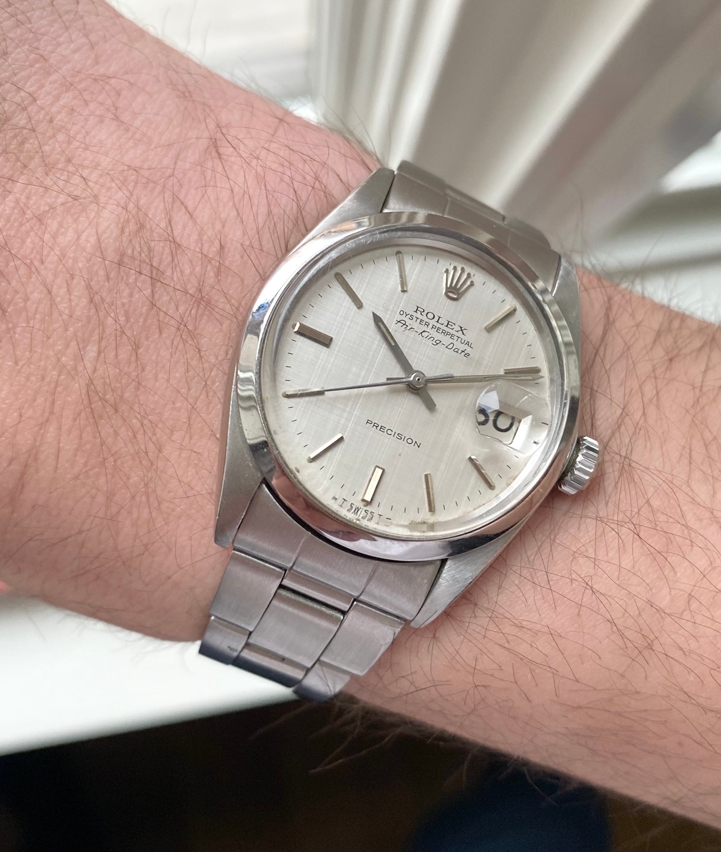 Vintage Rolex Air-King Date 5700 Precision Automatic Silver Linen Dial 34mm Watch