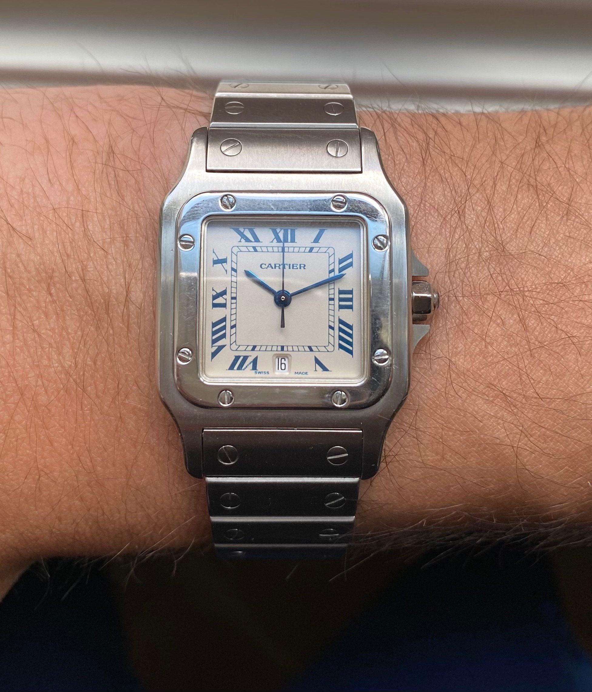 Vintage Cartier Santos Galbee 1564 Quartz White Roman Numeral Dial Steel Watch