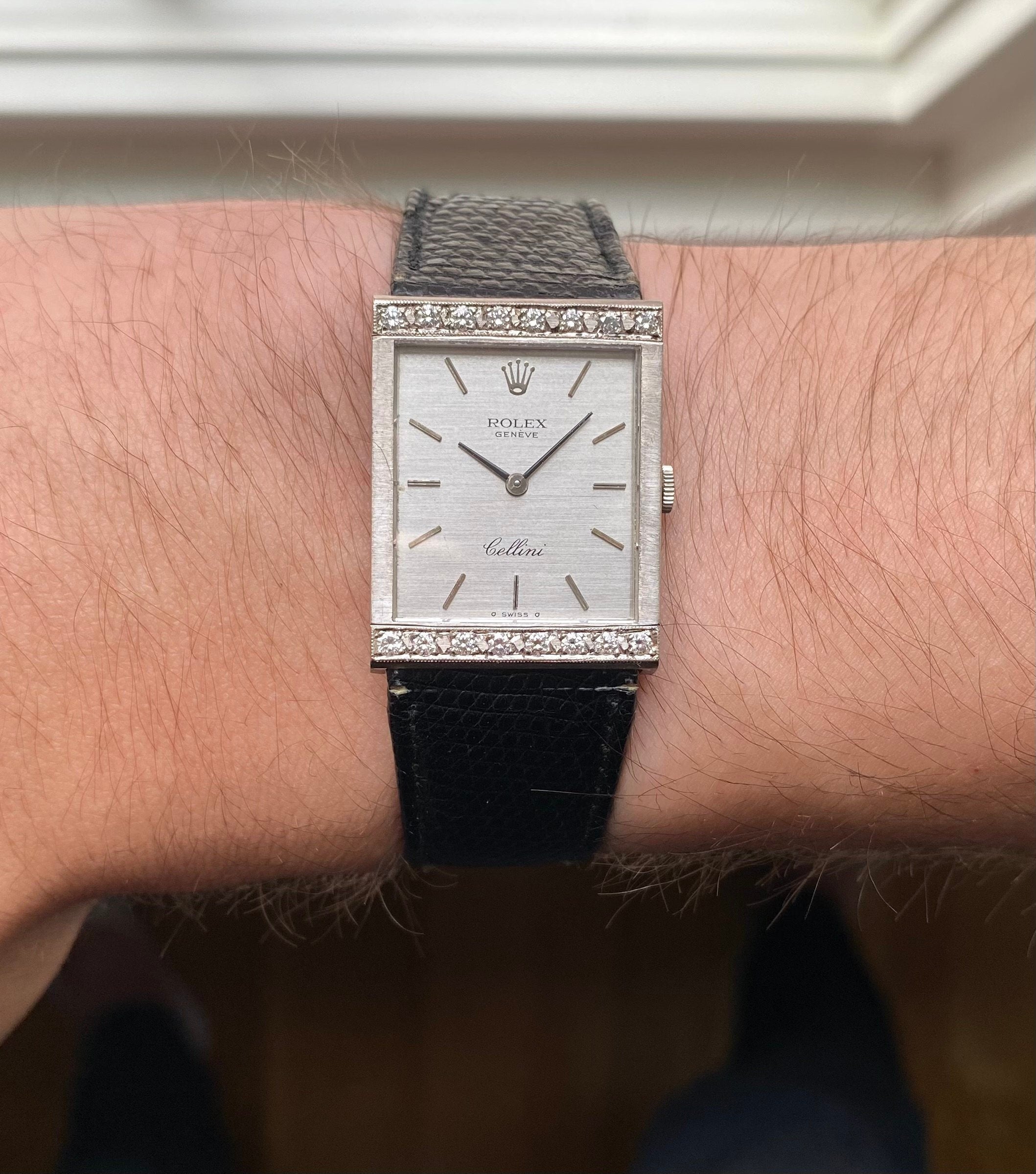 Vintage Rolex Cellini 70s 18K White Gold Tank Manual Wind Silver Dial w/ Diamonds