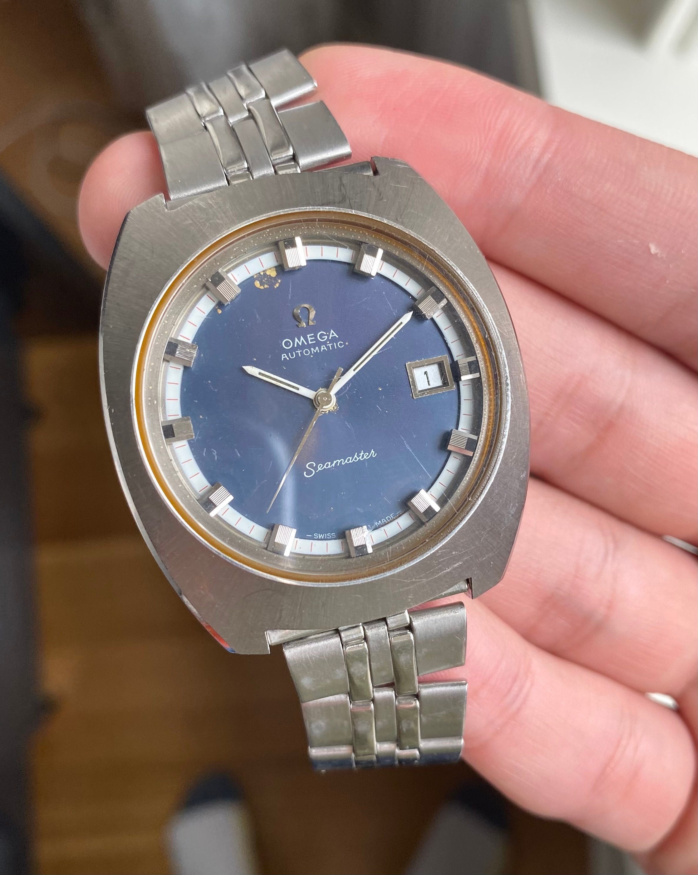 Vintage Omega Seamaster Automatic Ref. 166.110 Blue Dial Quickset Egg Case Watch