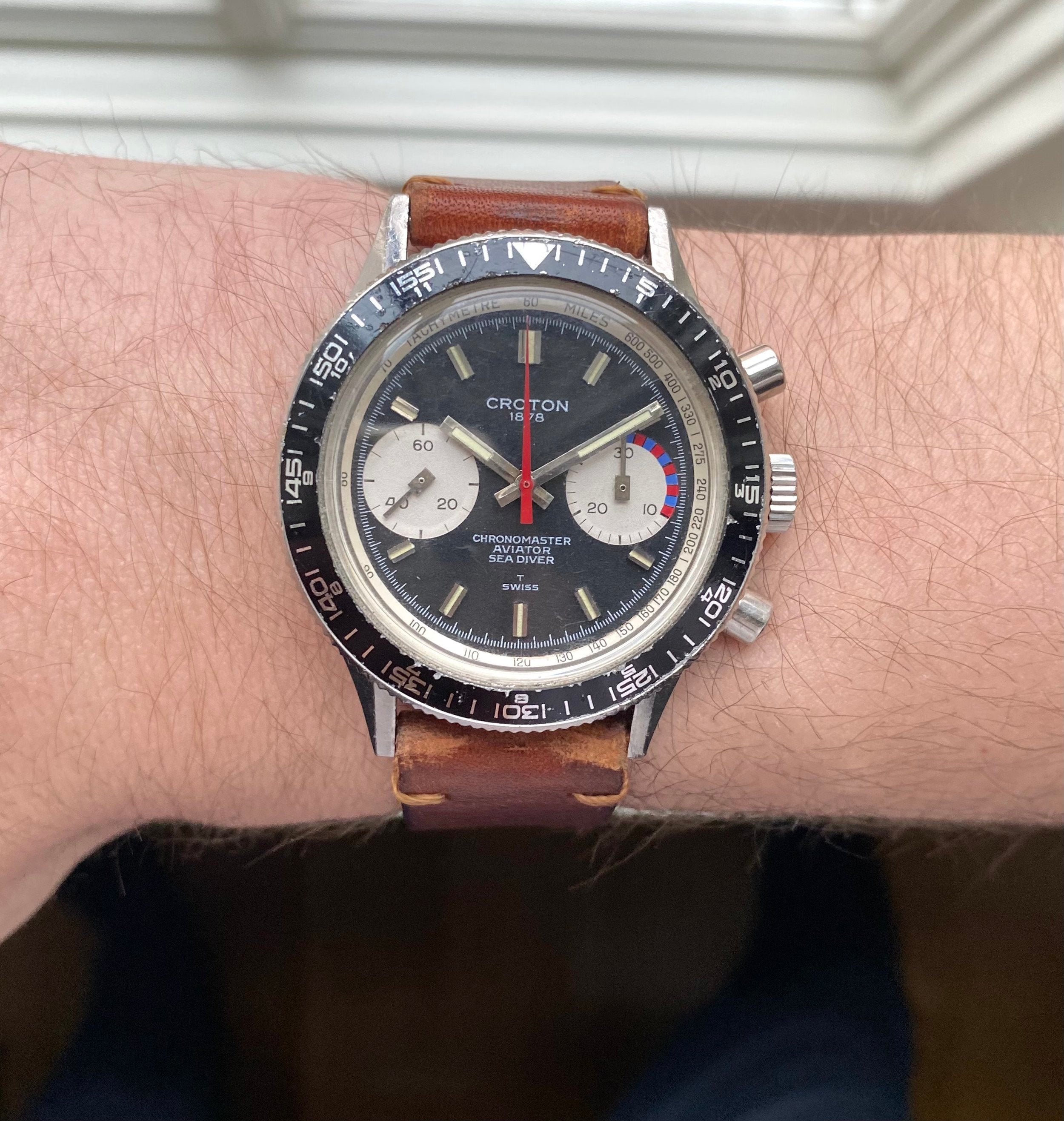 Vintage Croton Chronomaster Aviator Chronograph 70s Manual Wind Black Dial Steel Watch