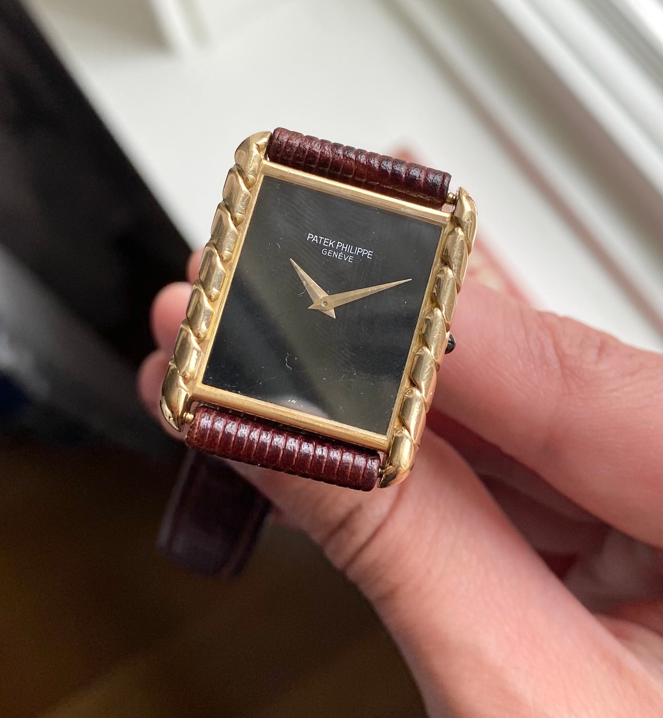 Vintage Patek Philippe Ref 4386 70s 18K Yellow Gold Tank Black Dial Manual Wind Watch