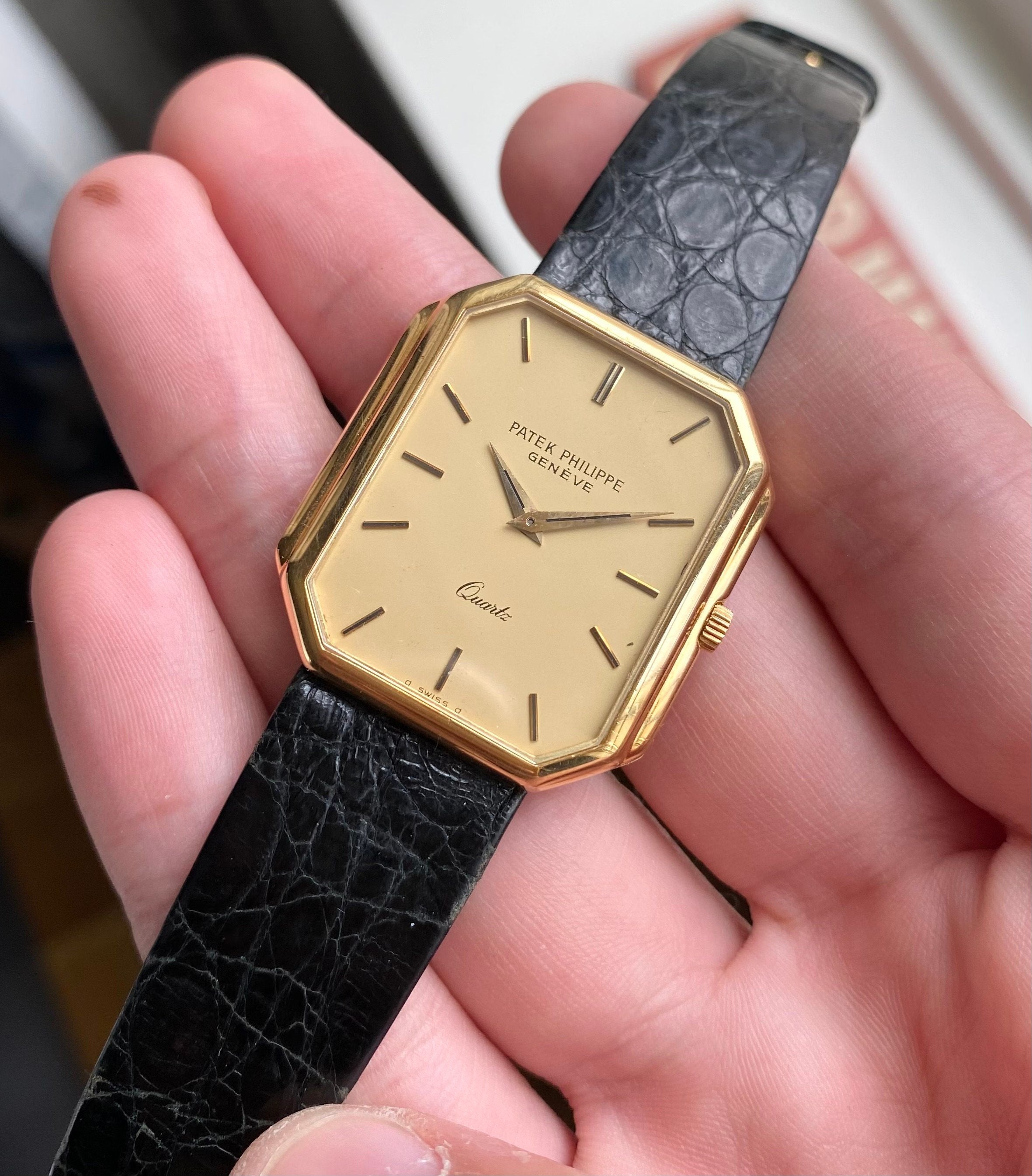 Vintage Patek Philippe 18K Yellow Gold Tank Quartz Matte Champagne Dial Watch