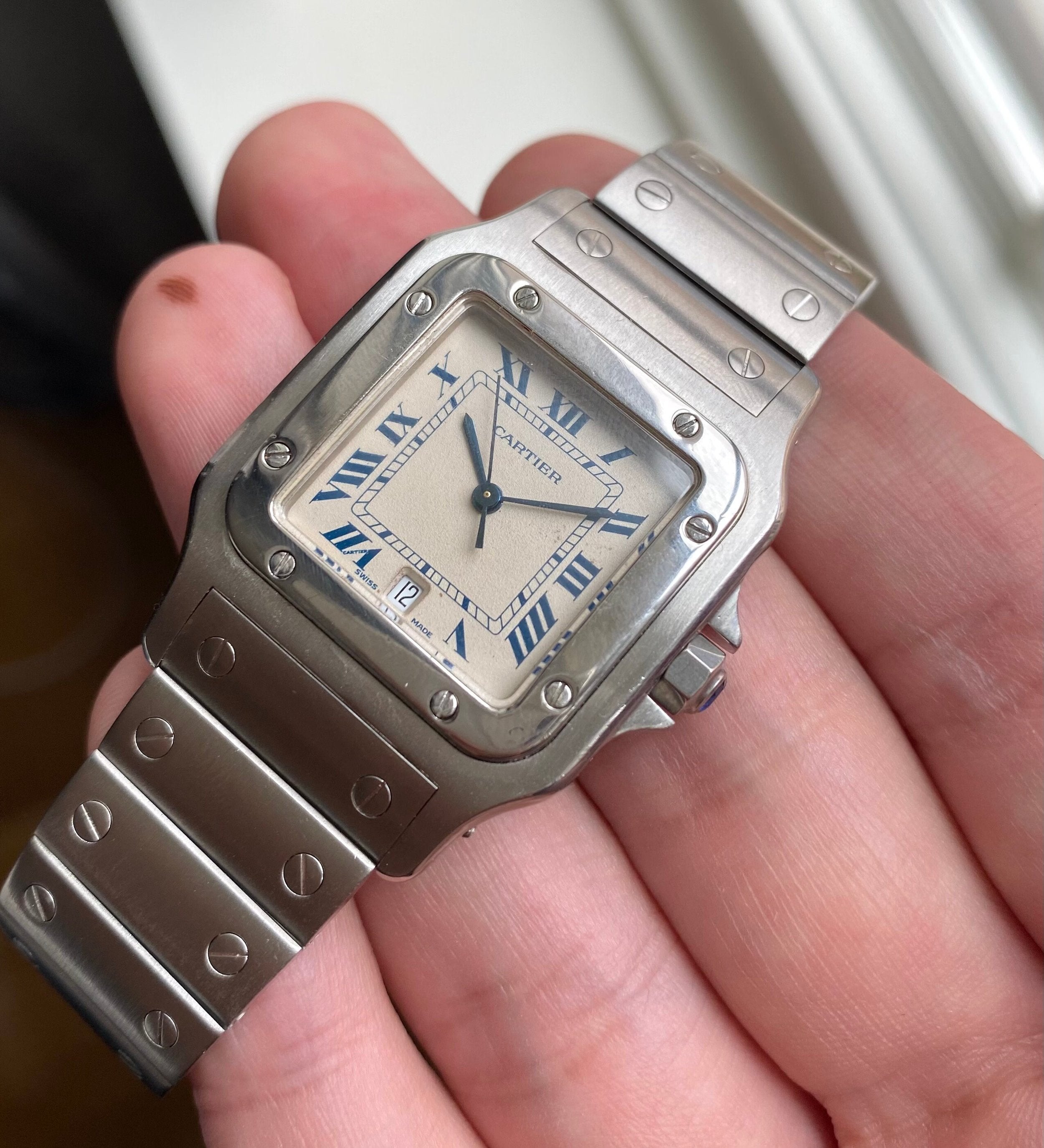 Vintage Cartier Santos Galbee Quartz White Roman Numeral Dial Steel Case Watch