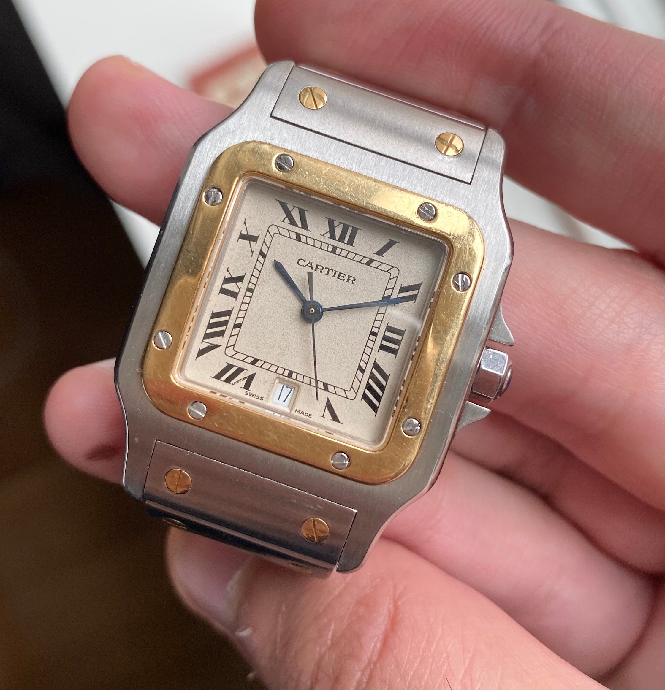 Vintage Cartier Santos 80s Two Tone Quartz Roman Numeral Cream Dial Watch
