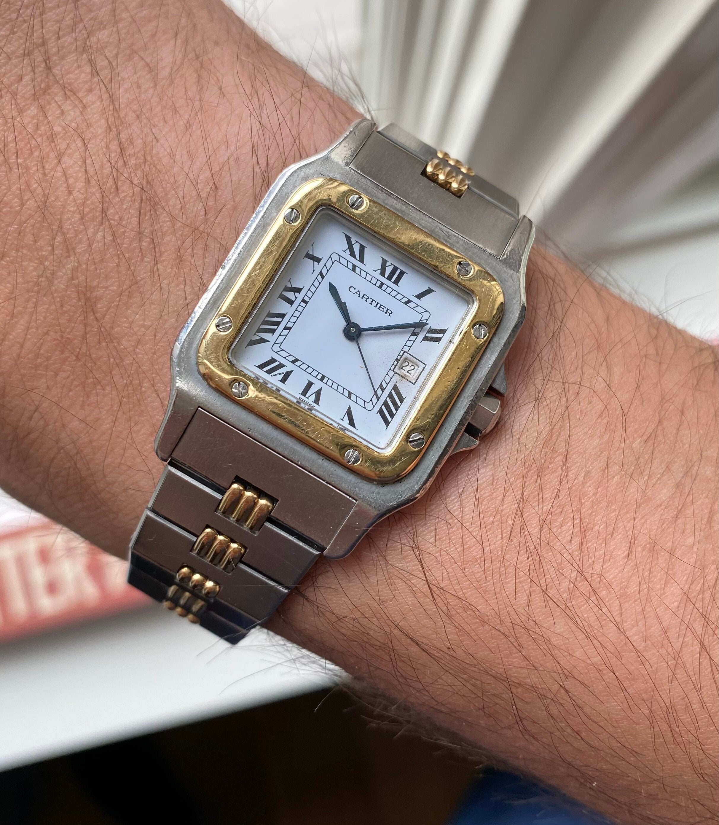 Vintage Cartier Santos 80s Automatic Two Tone White Roman Numeral Dial Watch