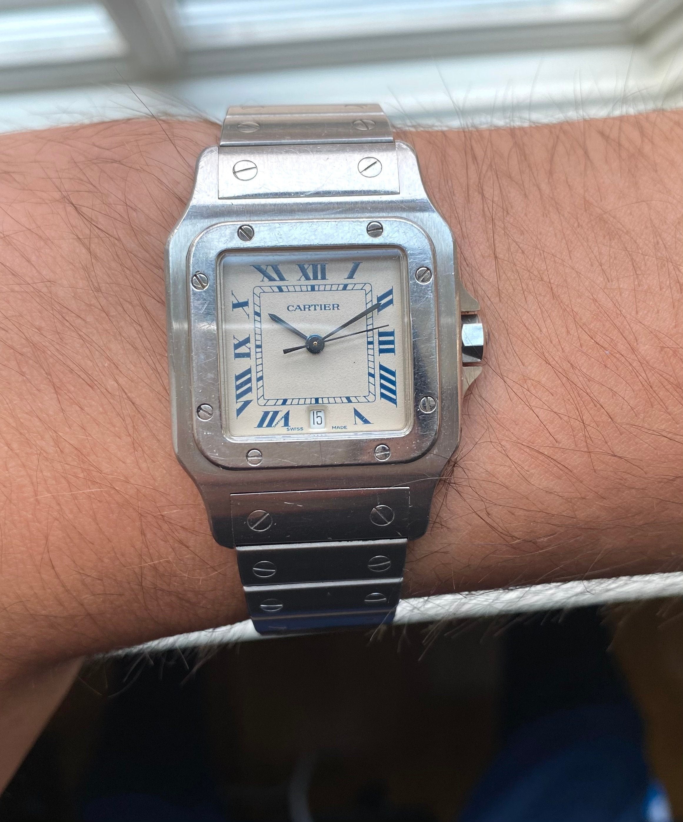 Vintage Cartier Santos 80s Quartz White Blue Roman Numeral Dial Steel Watch