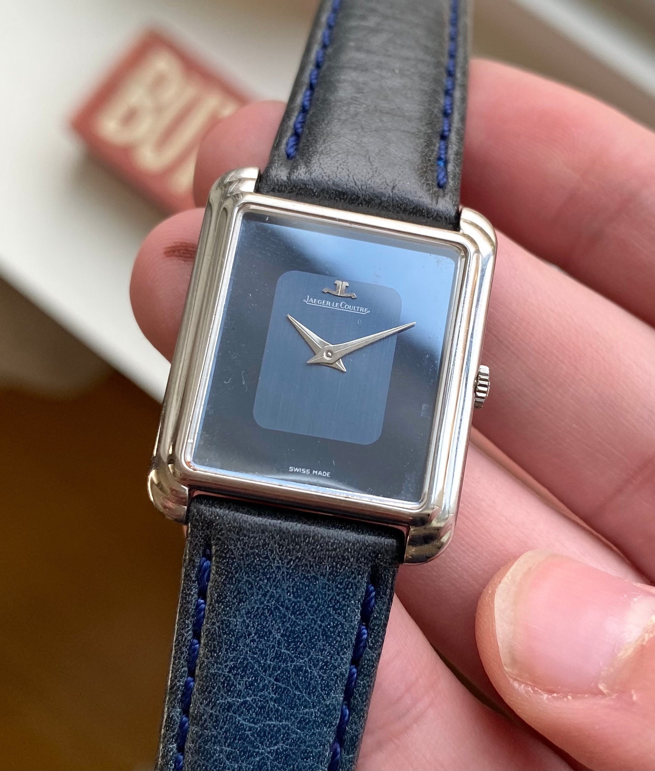 Jaeger LeCoultre Tank 70s Manual Wind Dark Blue Two Tone Glossy Dial Steel Watch