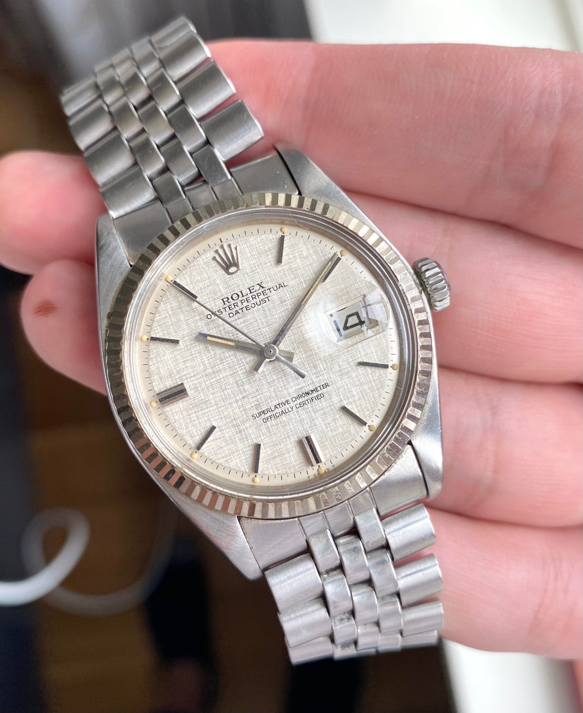Vintage Rolex Datejust 1601 70s Automatic Silver Linen Dial Oyster Case Watch