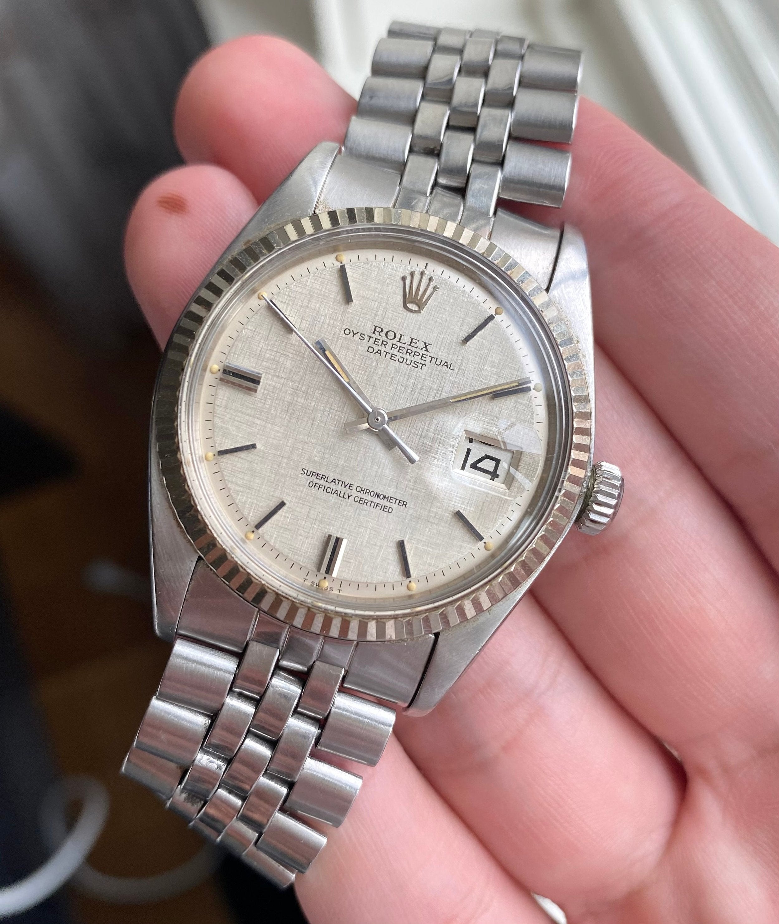 Vintage Rolex Datejust 1601 70s Automatic Silver Linen Dial Oyster Case Watch