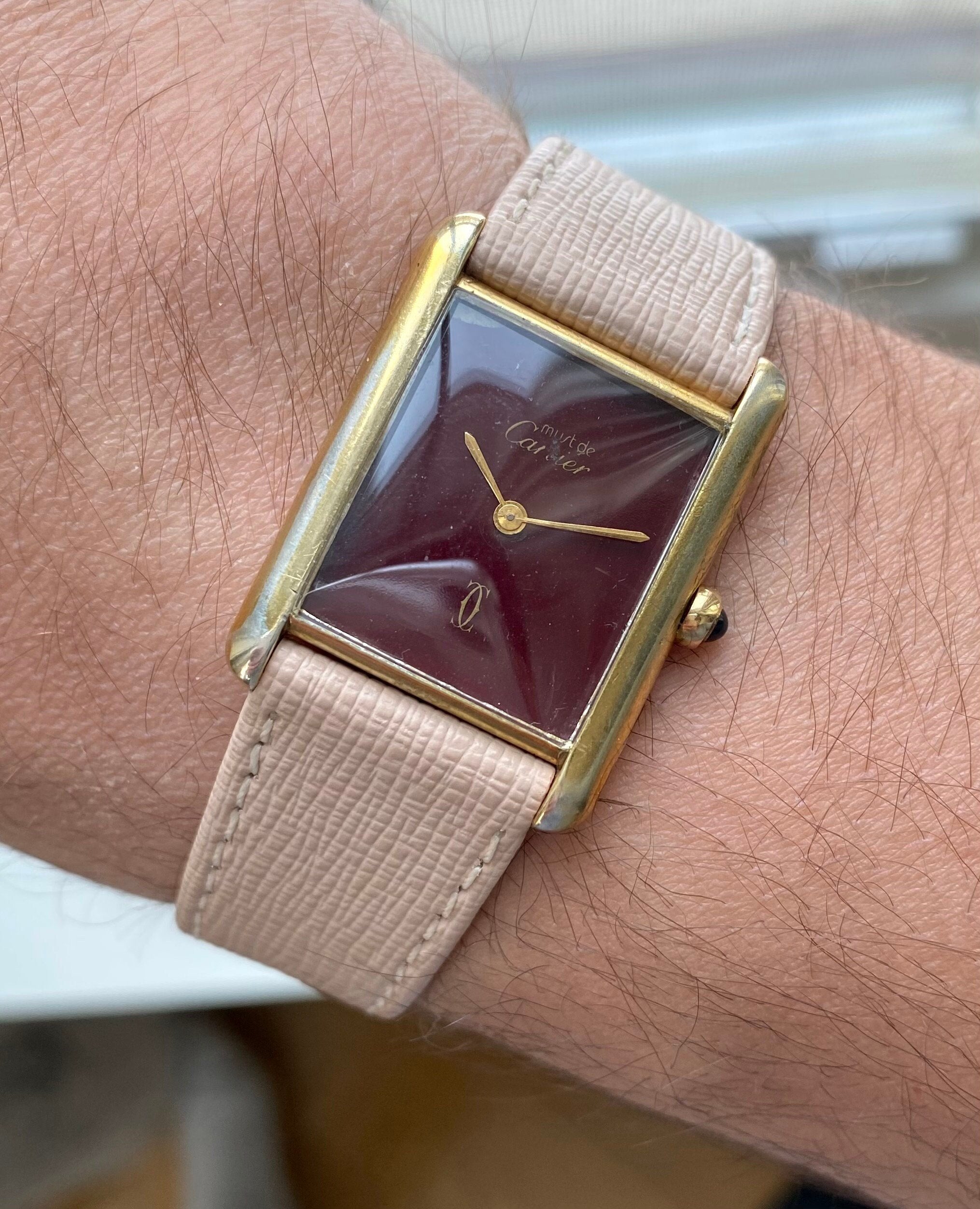 Vintage Cartier Tank Quartz 18K Electroplated Case Rare Red Dial Watch