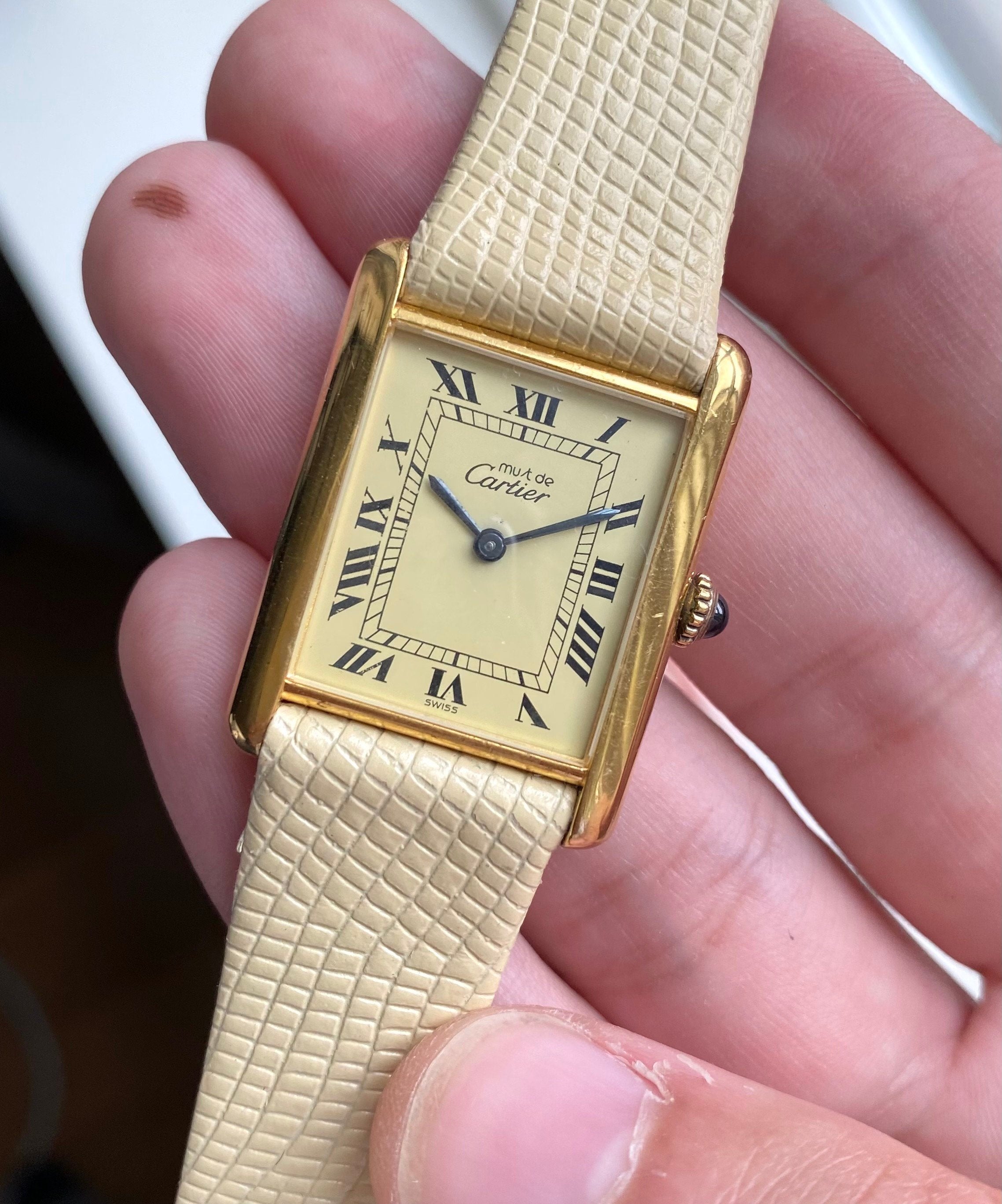 Vintage Cartier Tank Manual Wind Lemon Roman Numeral Dial 18K Electroplate Watch