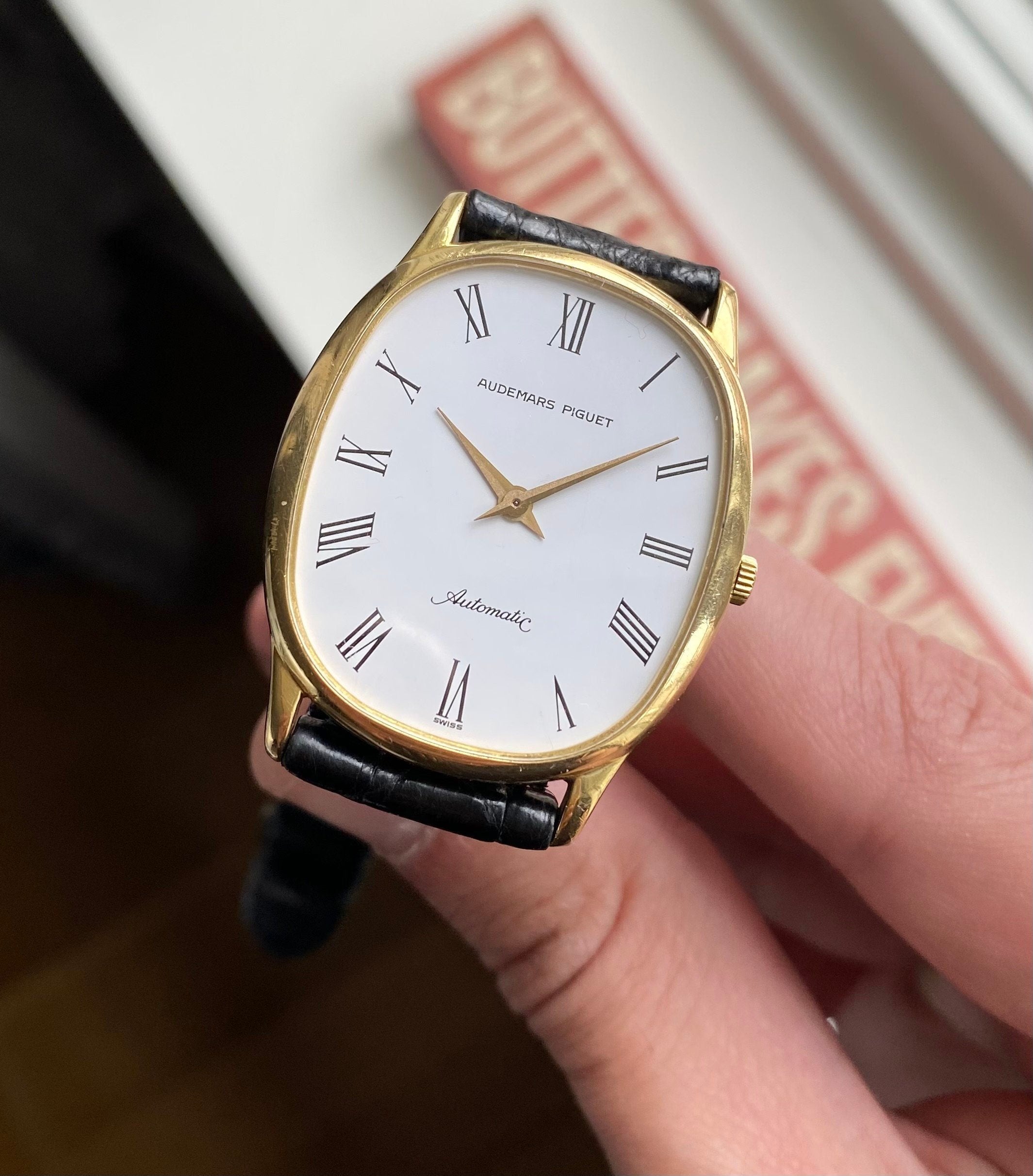 Vintage Audemars Piguet 70s Automatic 18K Yellow Gold Tank White Roman Dial Watch