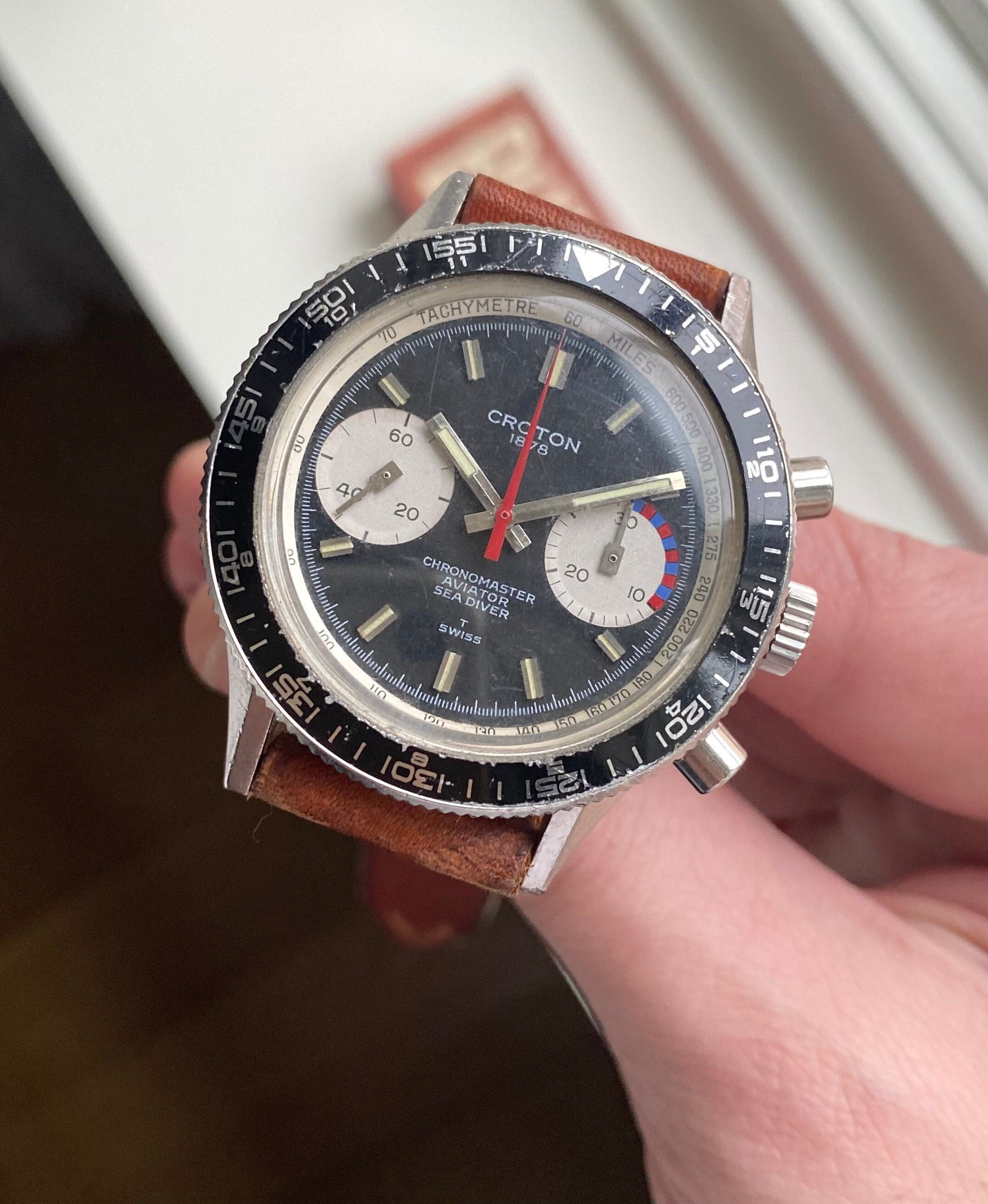Vintage Croton Chronomaster Aviator Chronograph 70s Manual Wind Black Dial Steel Watch