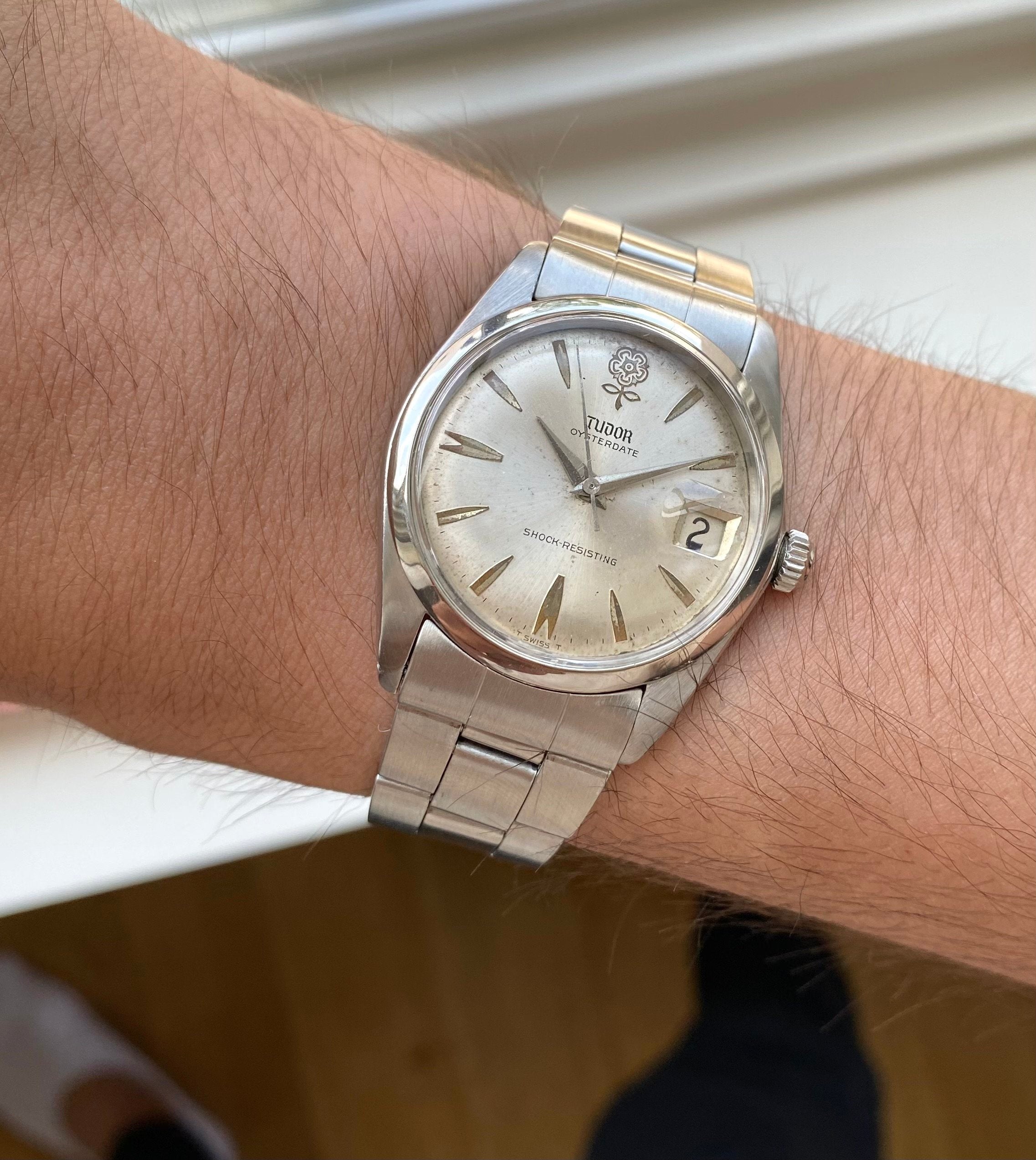 Vintage 60s Tudor Oysterdate Manual Wind Silver Rose Dial Oyster 34mm Watch