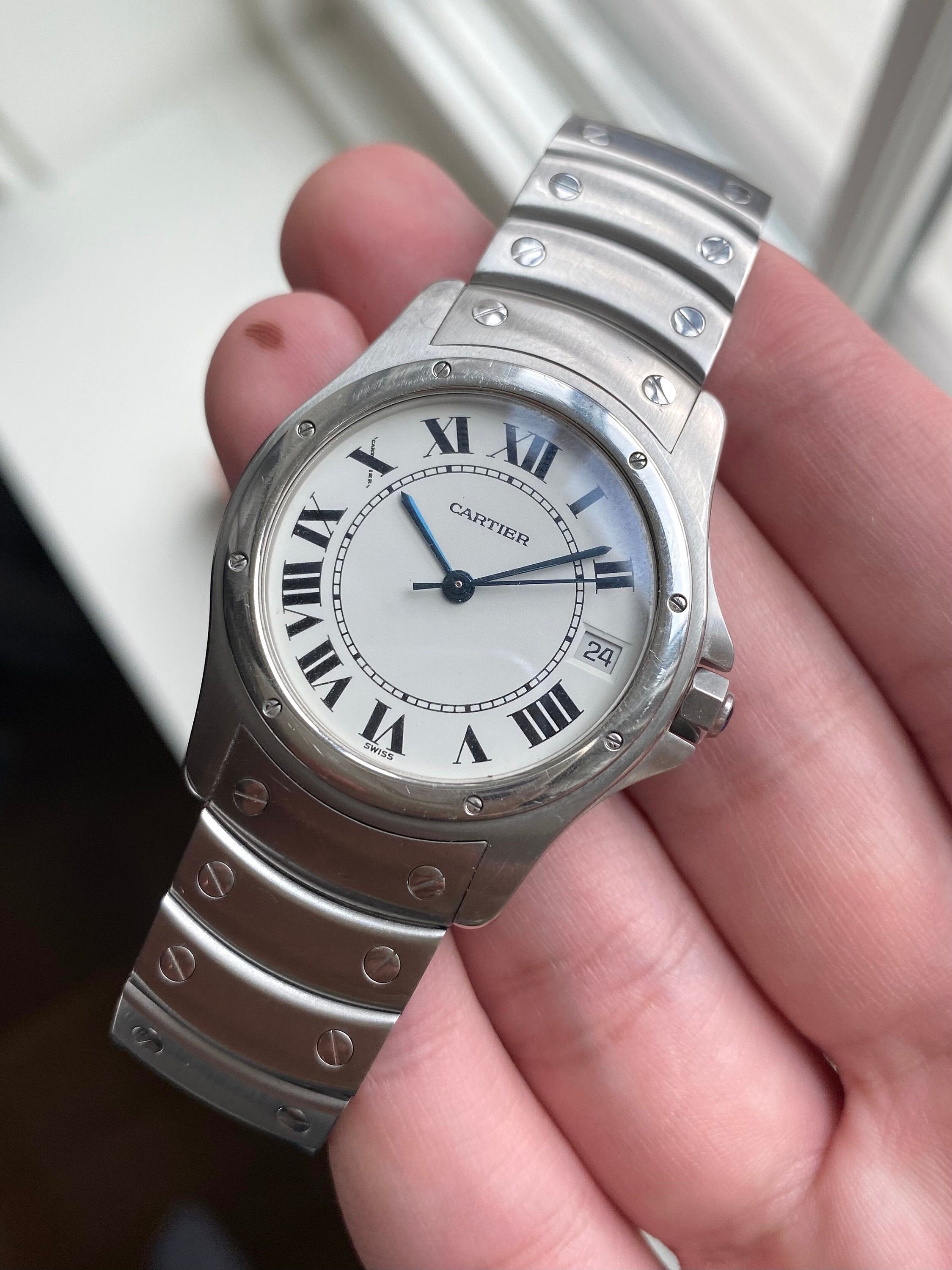 Cartier Santos Round Ref 1920 Automatic 33mm White Roman Numeral Dial Watch