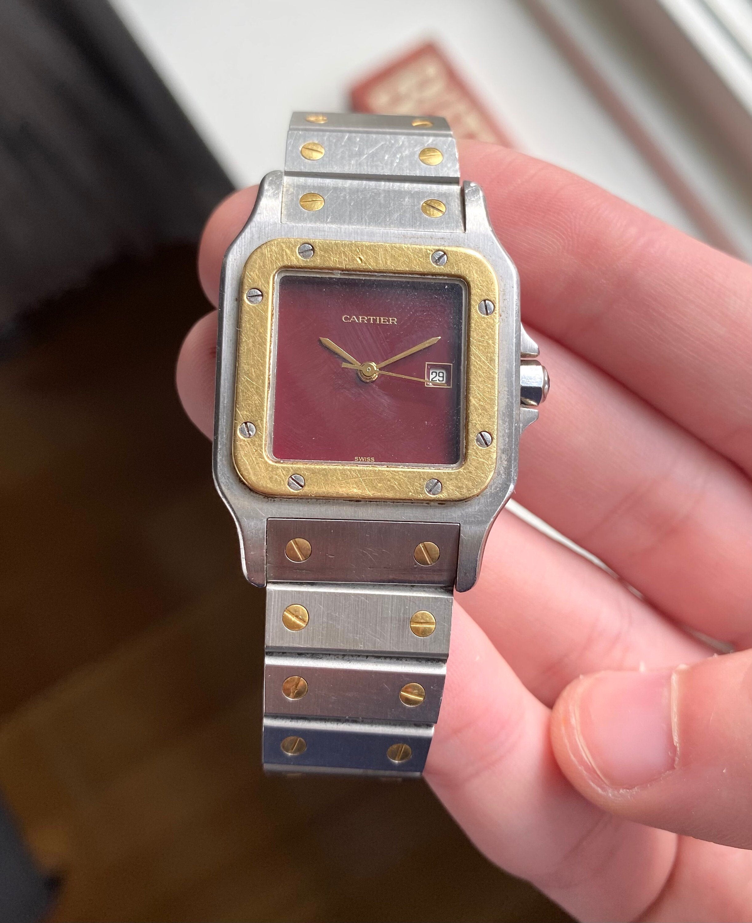 Cartier Santos 80s Vintage Automatic Two Tone RARE Red Lacquered Dial 29mm Case