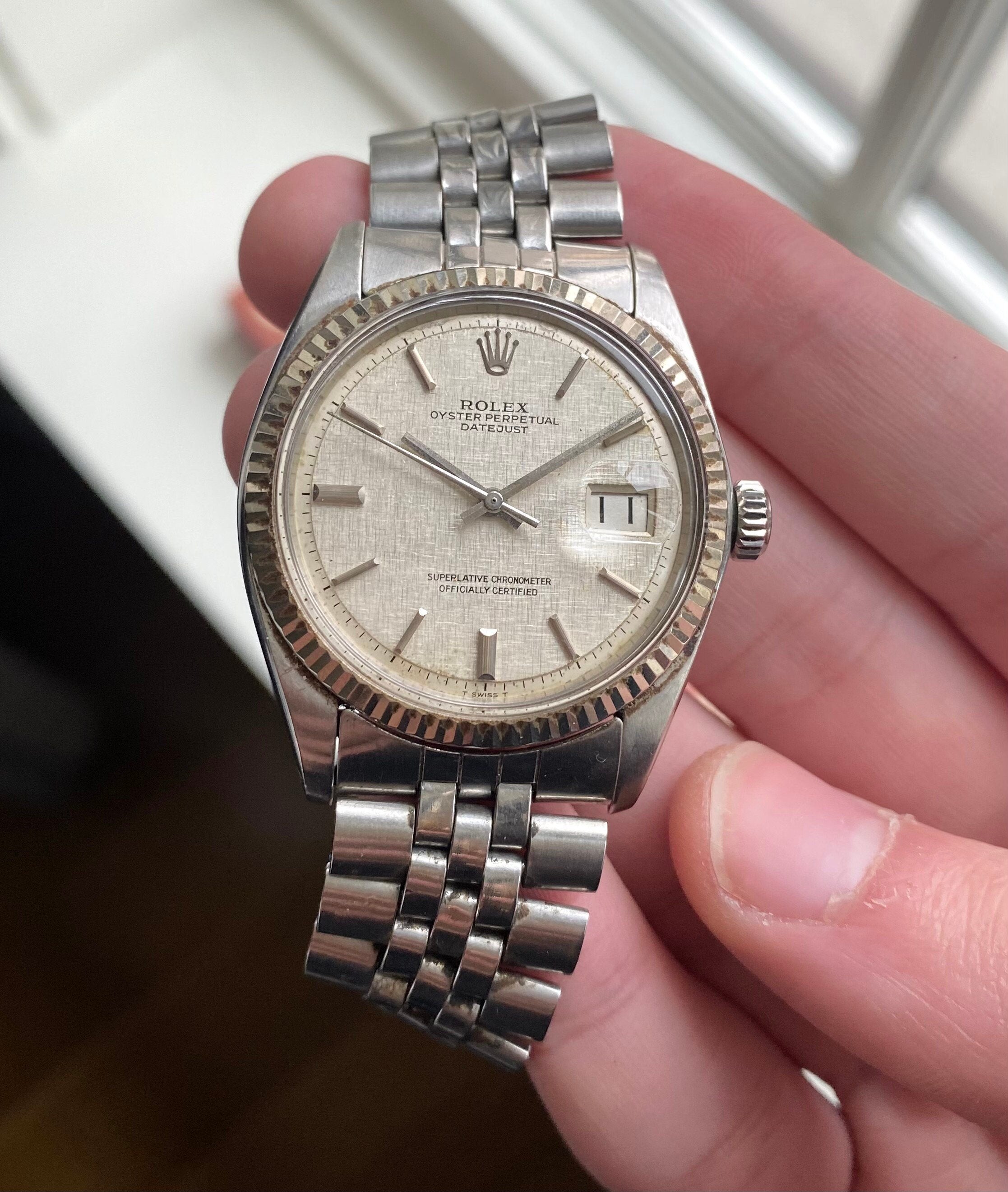 Vintage Rolex Datejust 1601 70s Automatic Silver No Lume Linen Dial 36mm Watch