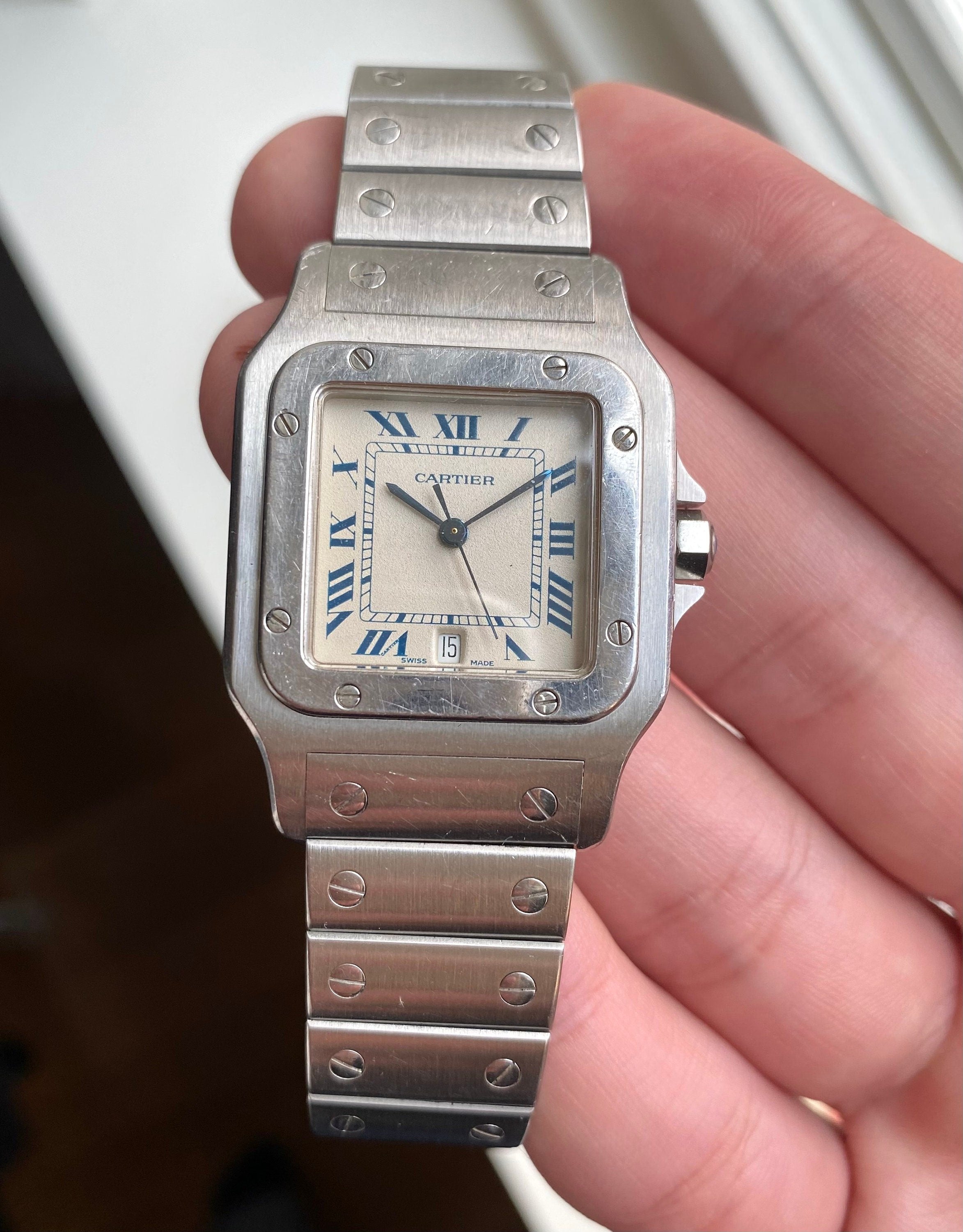 Vintage Cartier Santos 80s Quartz White Blue Roman Numeral Dial Steel Watch