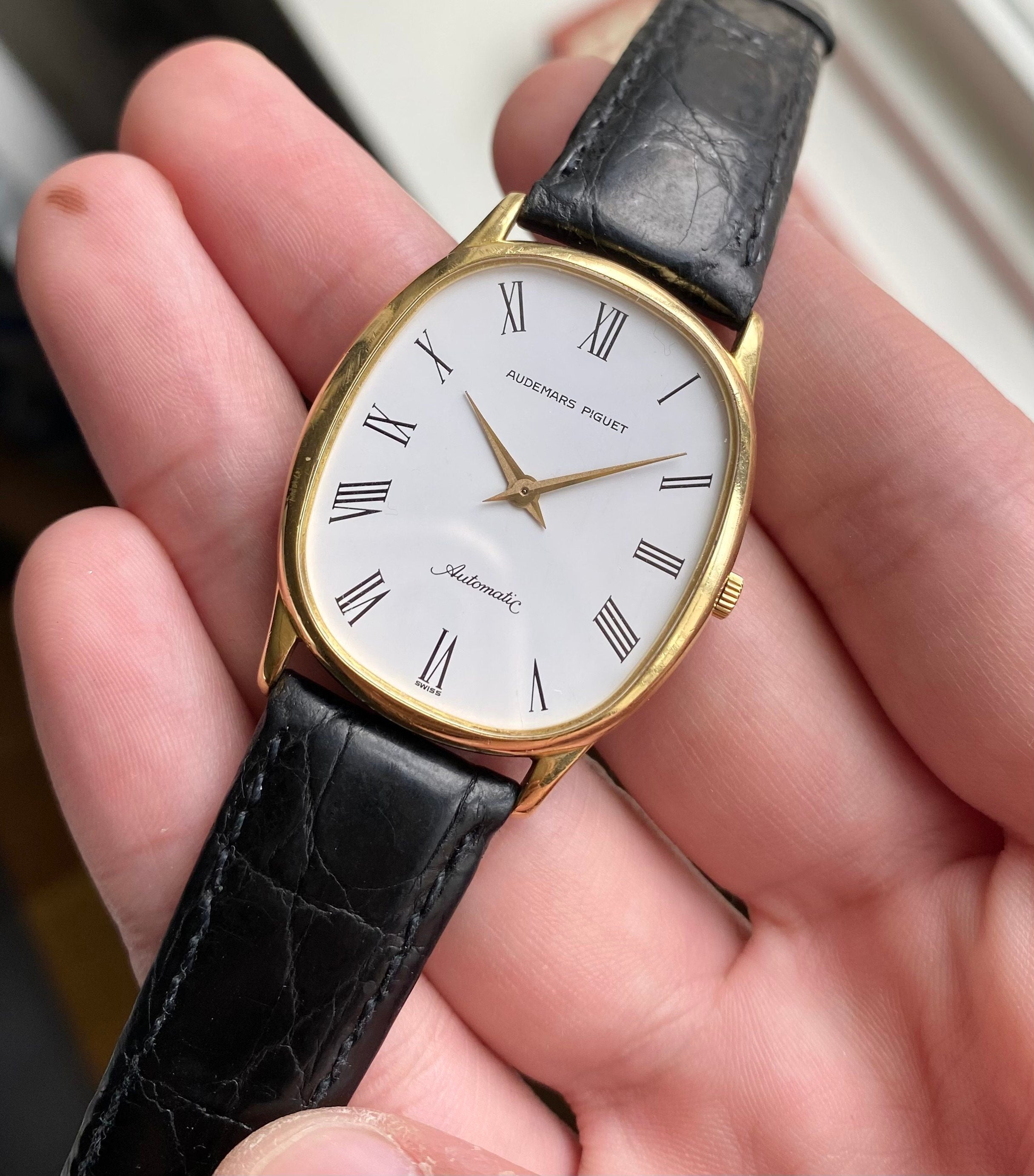 Vintage Audemars Piguet 70s Automatic 18K Yellow Gold Tank White Roman Dial Watch