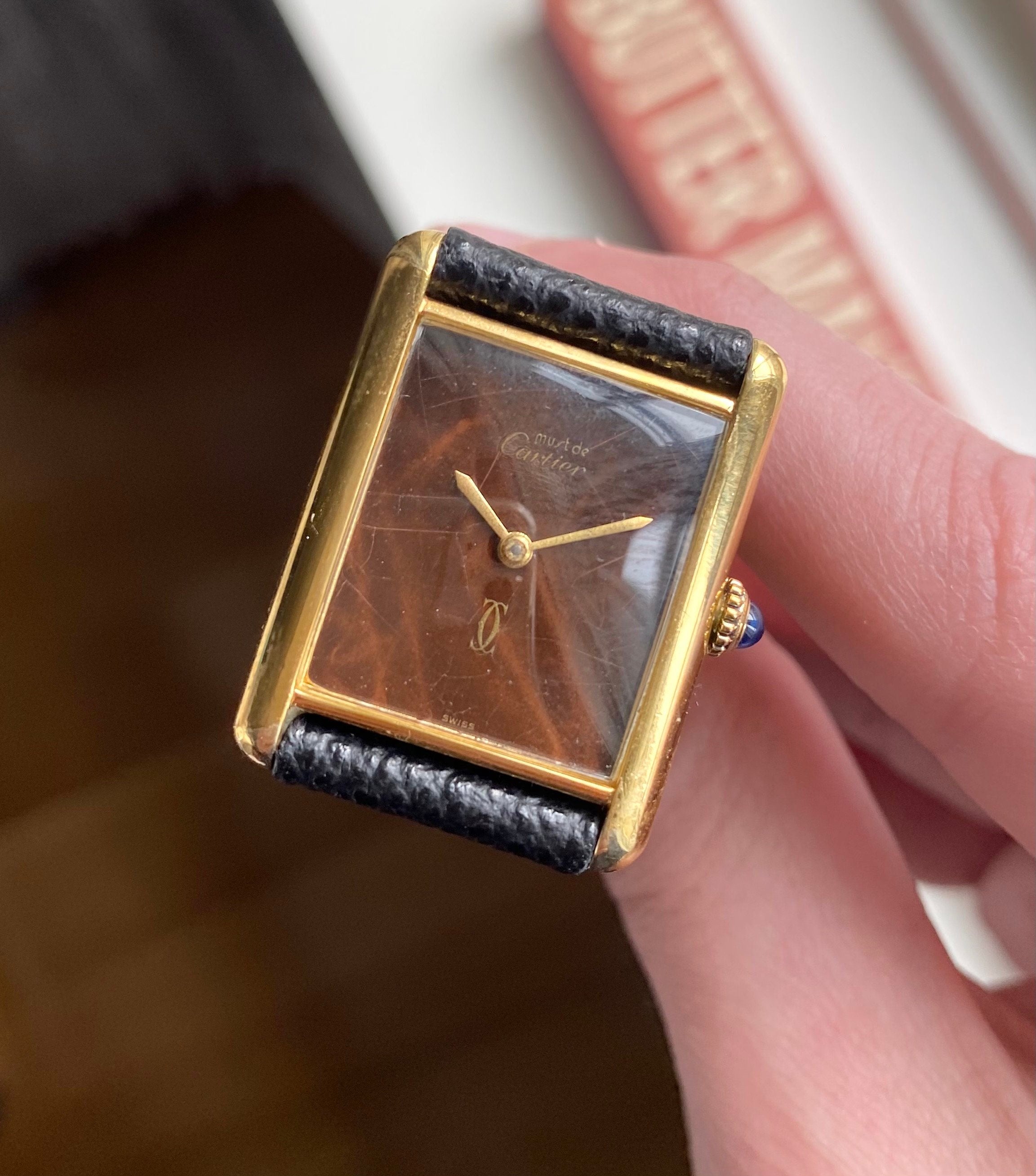 Vintage Cartier Tank Manual Wind Wood "Spider" Dial 18K Gold Electroplated Case
