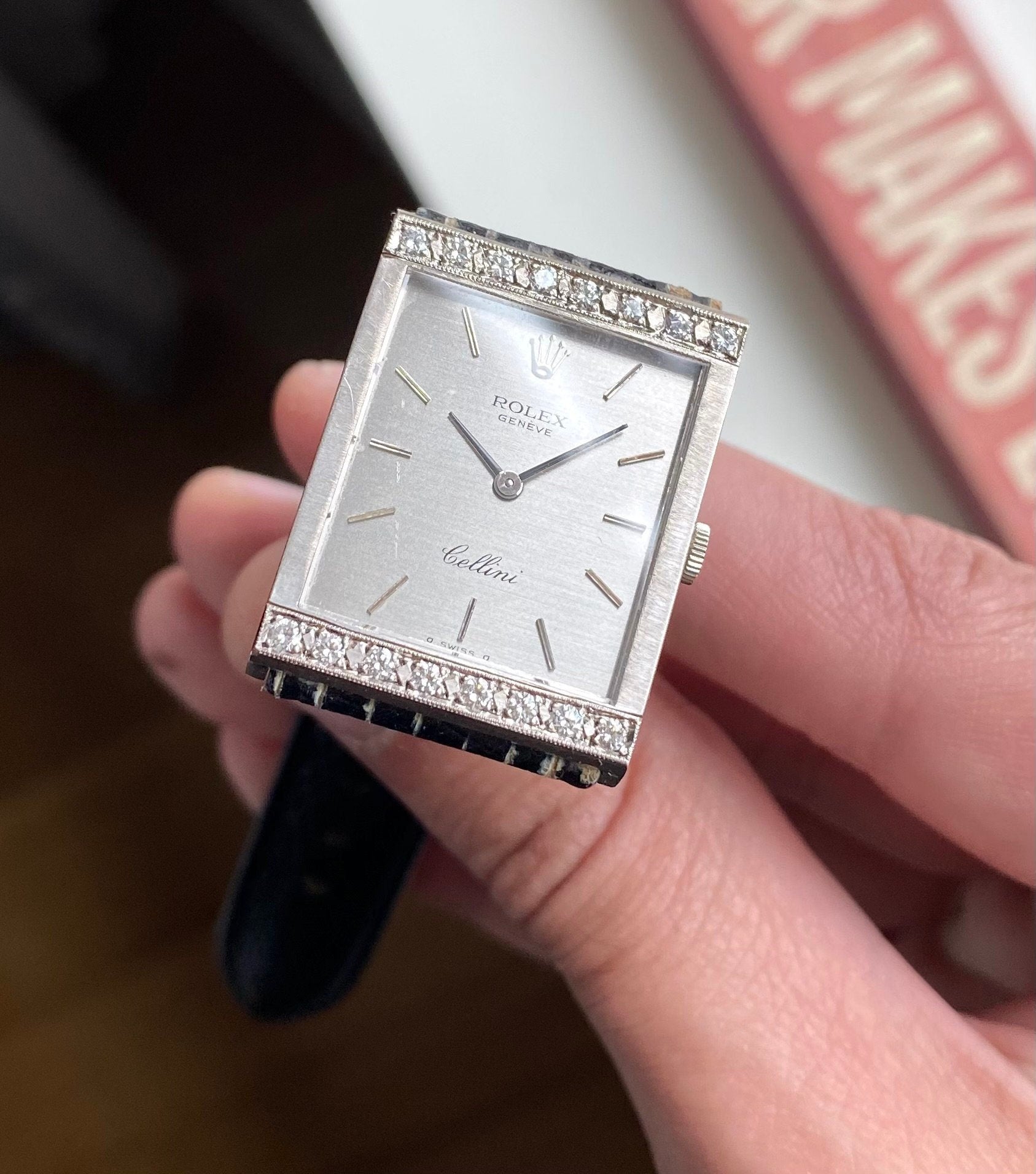 Vintage Rolex Cellini 70s 18K White Gold Tank Manual Wind Silver Dial w/ Diamonds
