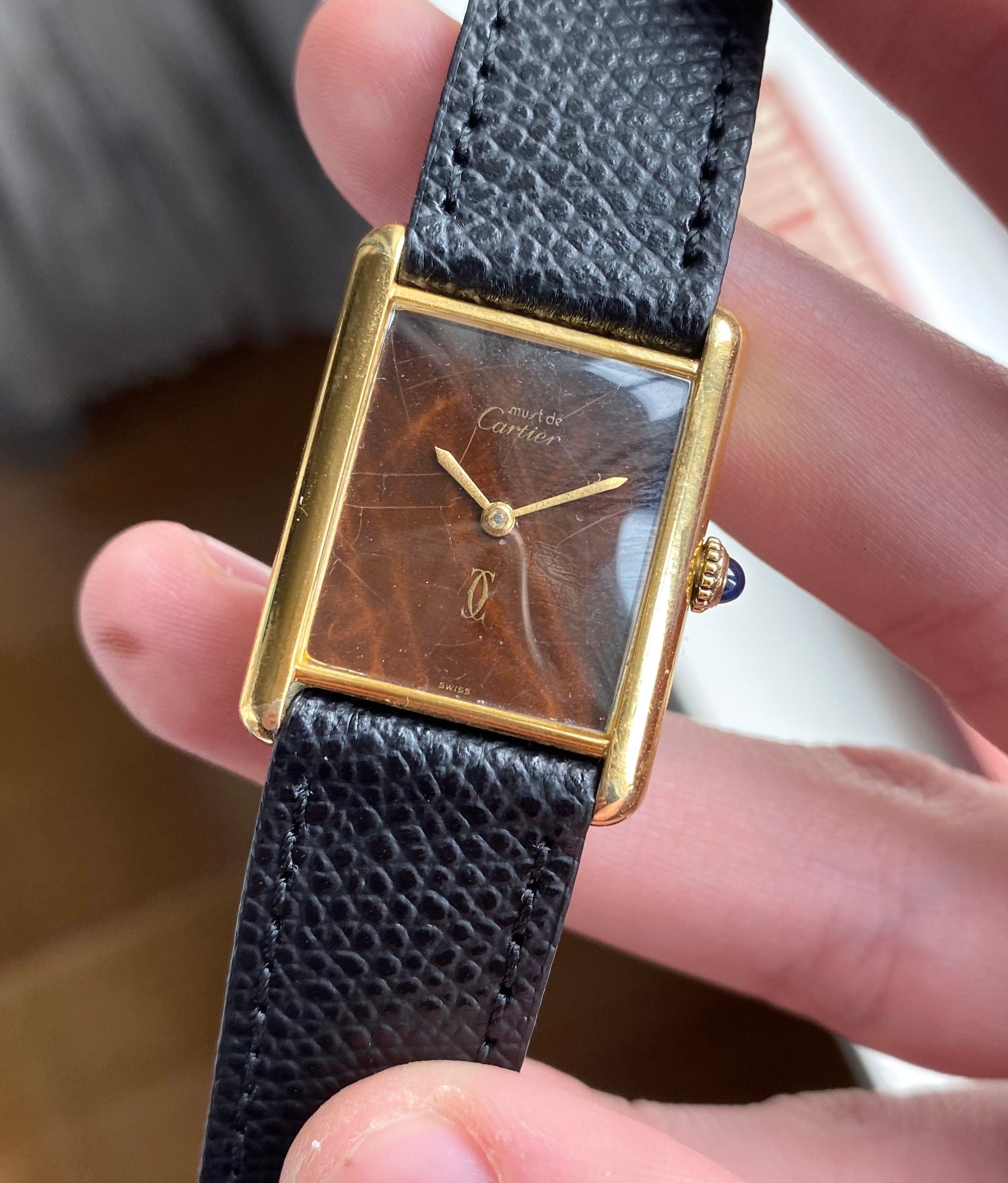 Vintage Cartier Tank Manual Wind Wood "Spider" Dial 18K Gold Electroplated Case