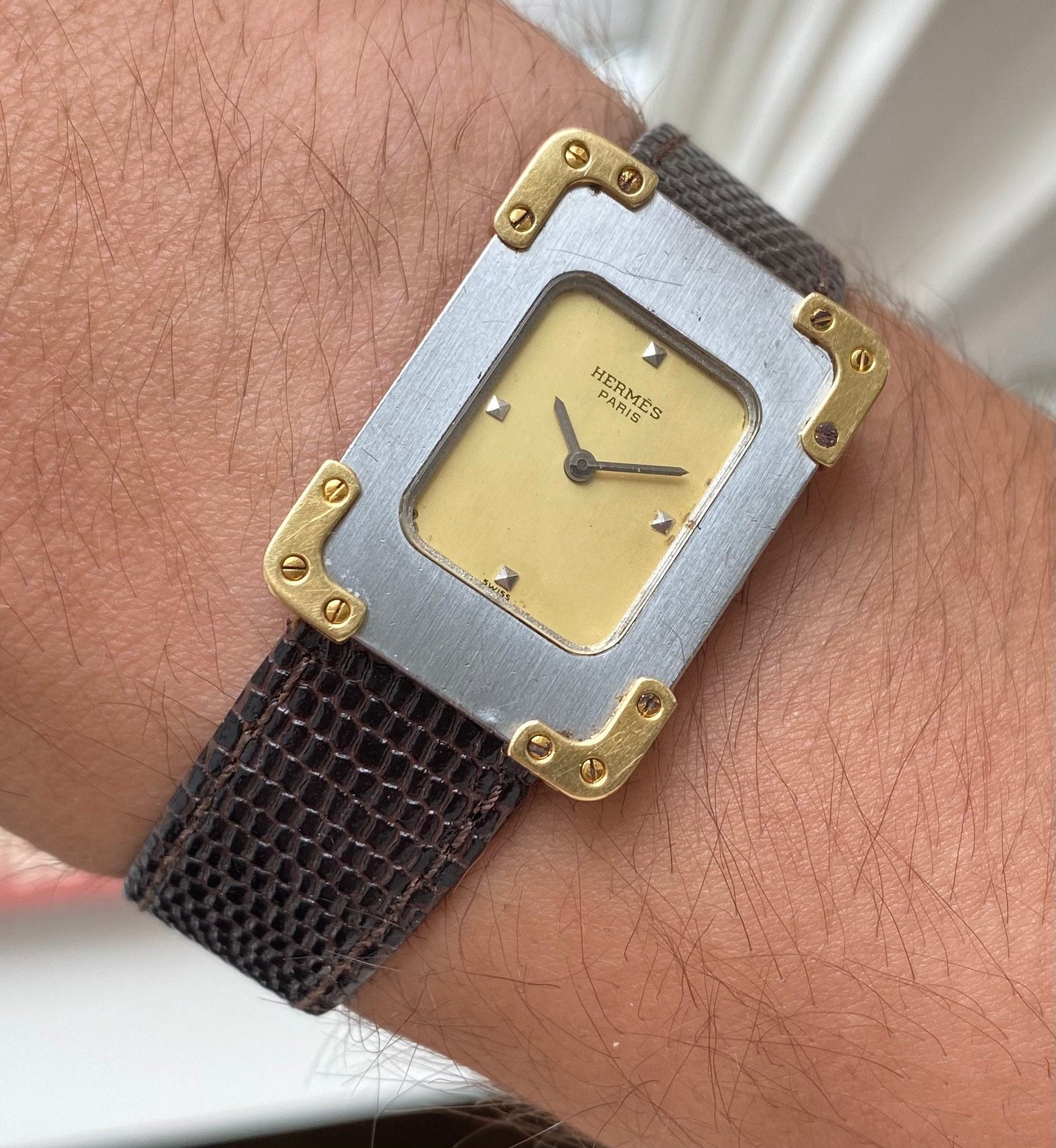 Vintage Hermes Tank 80s Tank Quartz Champagne Dial Two Tone Steel Case Watch