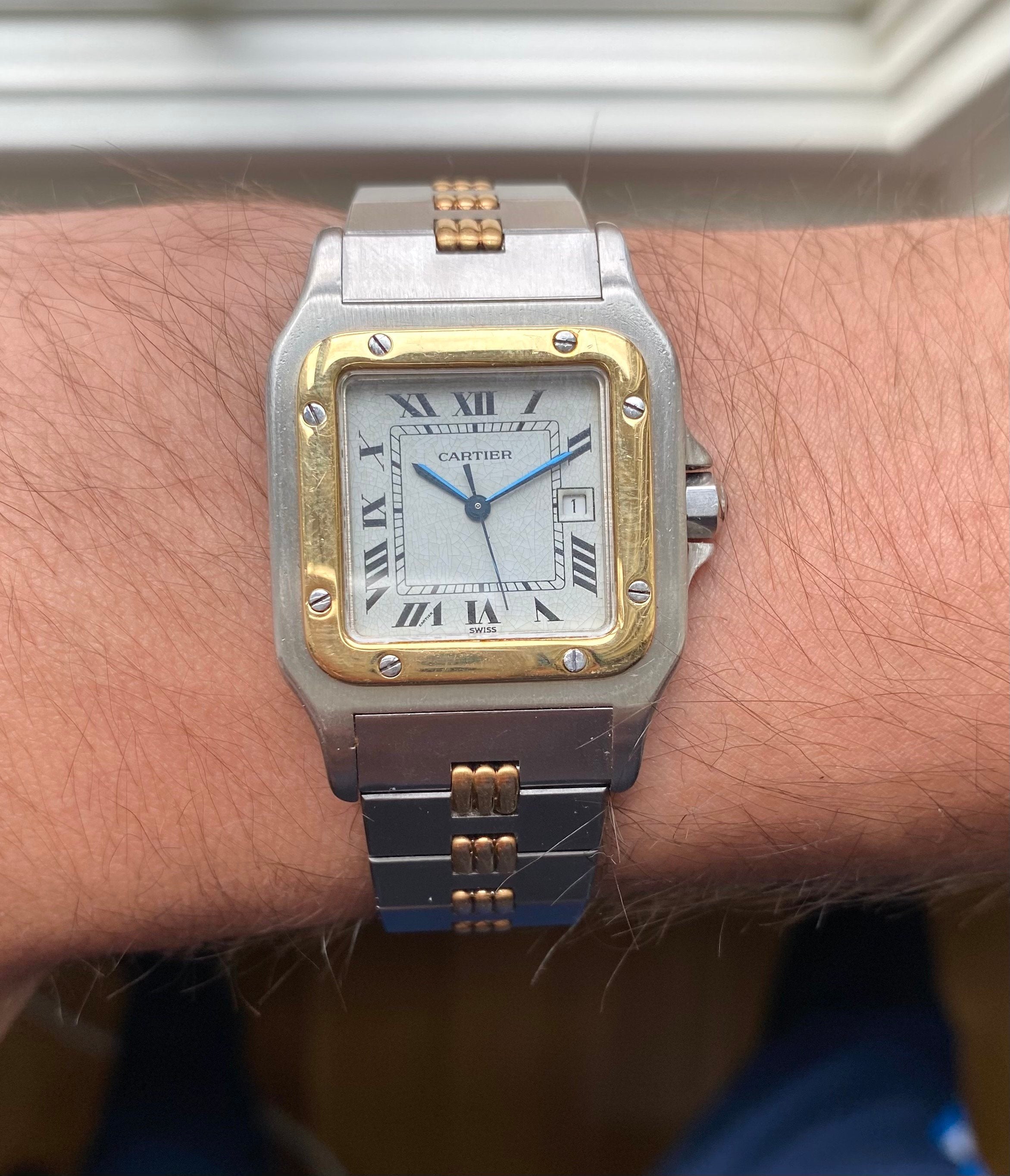 Vintage Cartier Santos 70s Automatic Two Tone White Roman Numeral Dial Watch