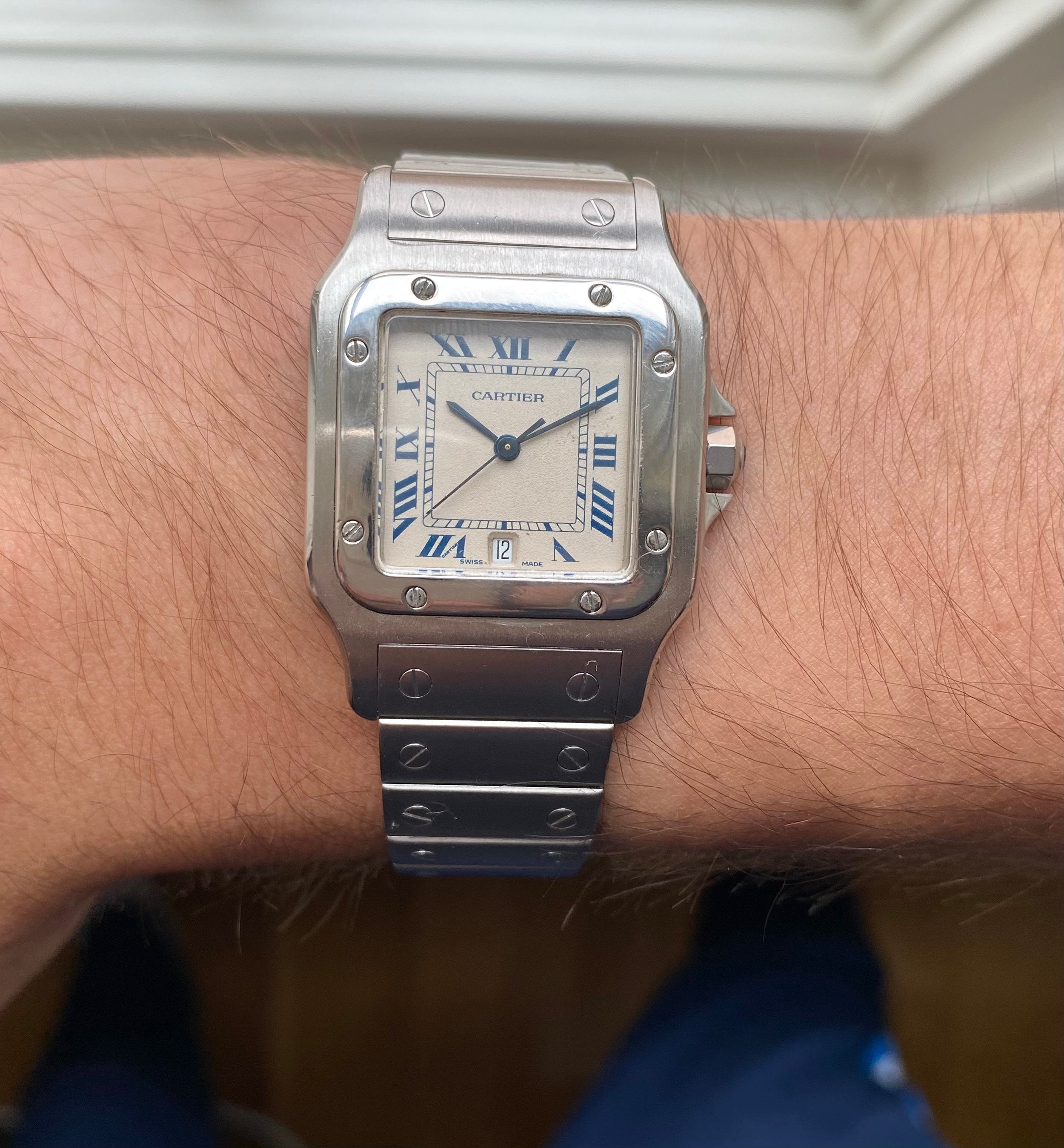 Vintage Cartier Santos Galbee Quartz White Roman Numeral Dial Steel Case Watch