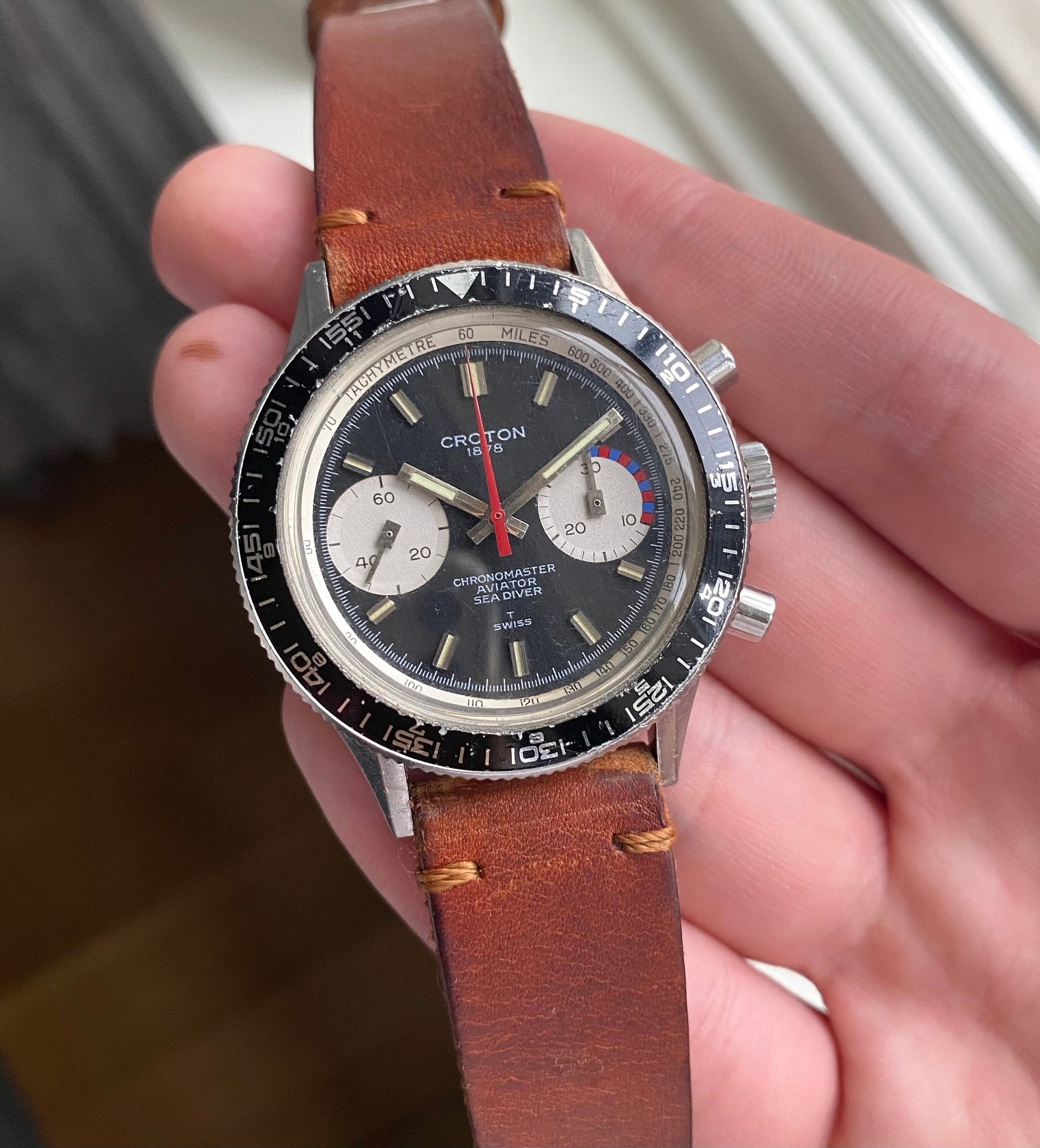Vintage Croton Chronomaster Aviator Chronograph 70s Manual Wind Black Dial Steel Watch