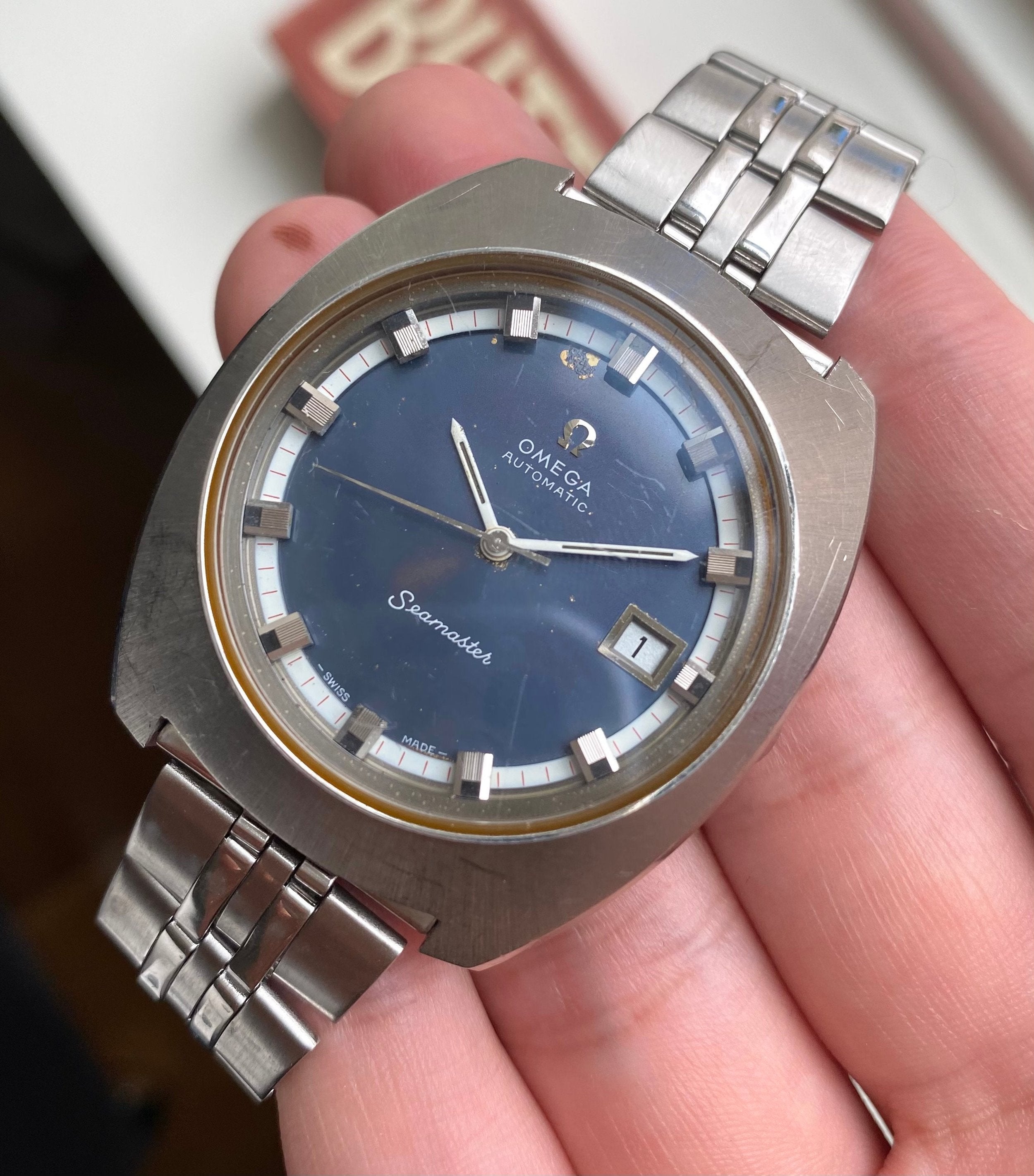 Vintage Omega Seamaster Automatic Ref. 166.110 Blue Dial Quickset Egg Case Watch