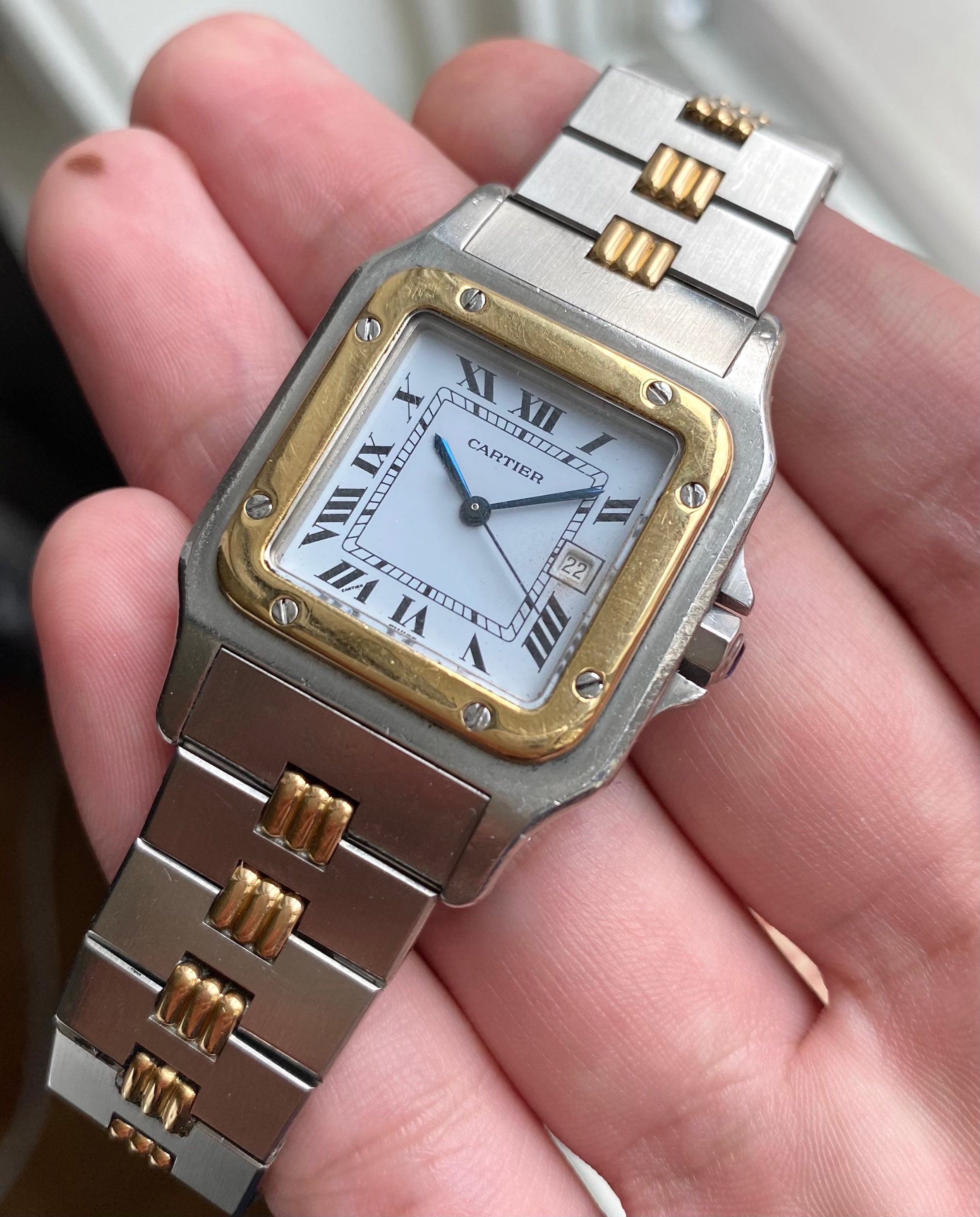 Vintage Cartier Santos 80s Automatic Two Tone White Roman Numeral Dial Watch
