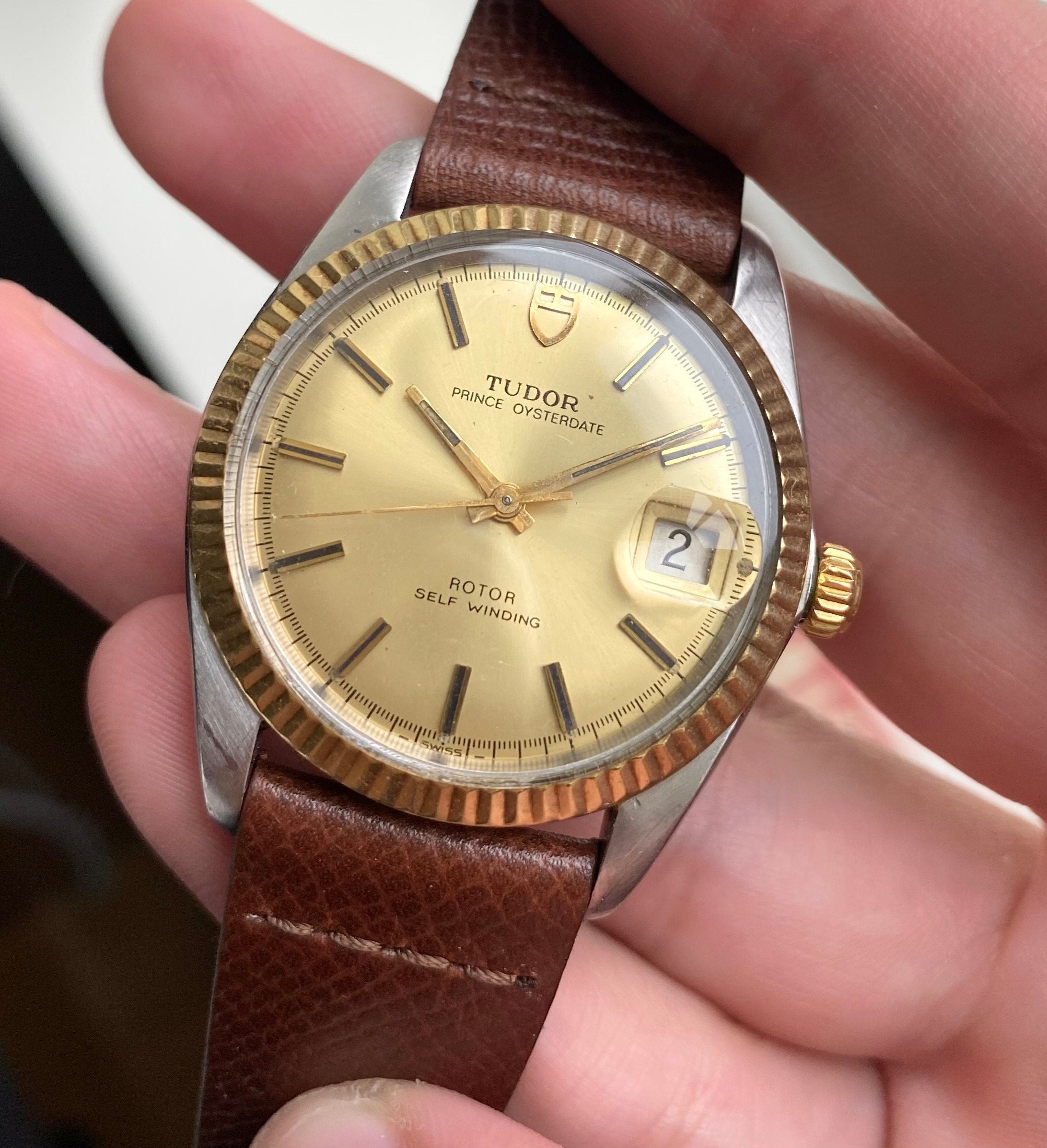 Vintage Tudor Prince Oysterdate Automatic Champagne Dial Quickset Two Tone Watch