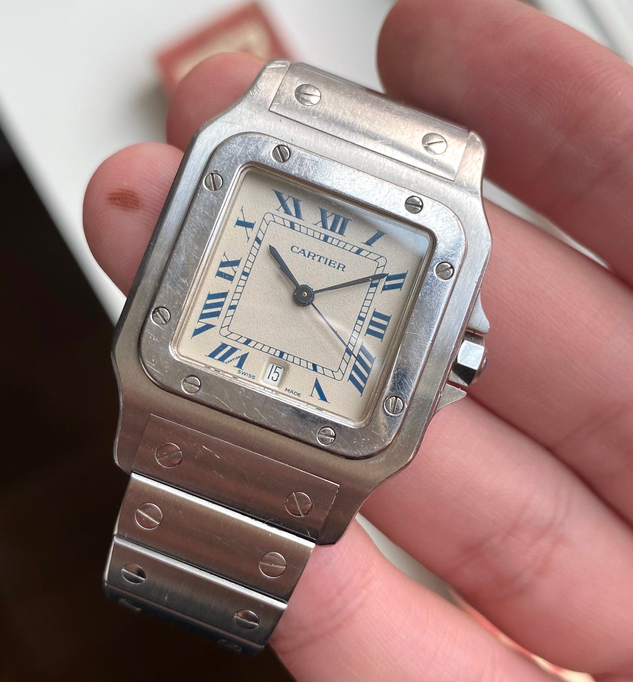 Vintage Cartier Santos 80s Quartz White Blue Roman Numeral Dial Steel Watch
