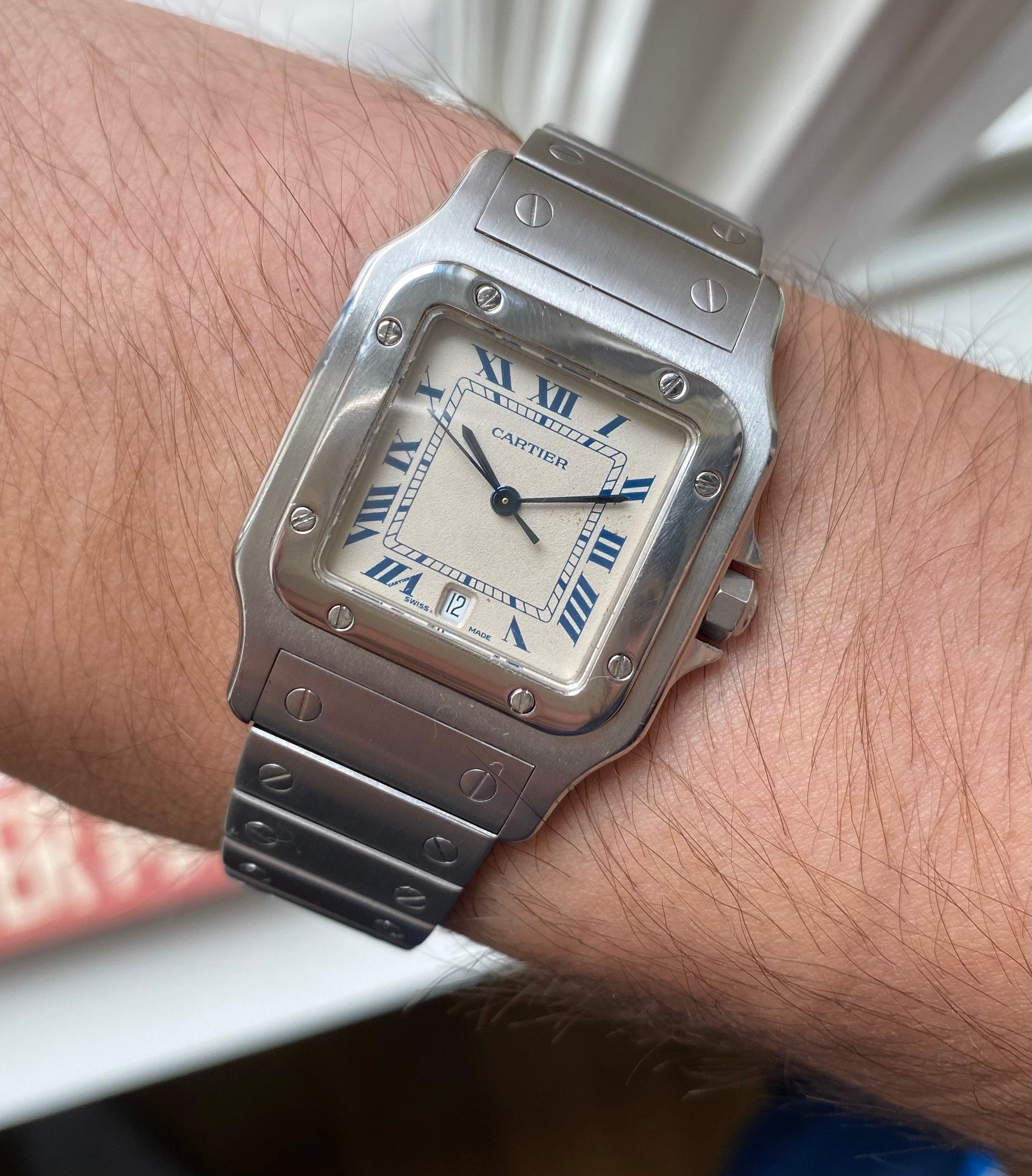 Vintage Cartier Santos Galbee Quartz White Roman Numeral Dial Steel Case Watch