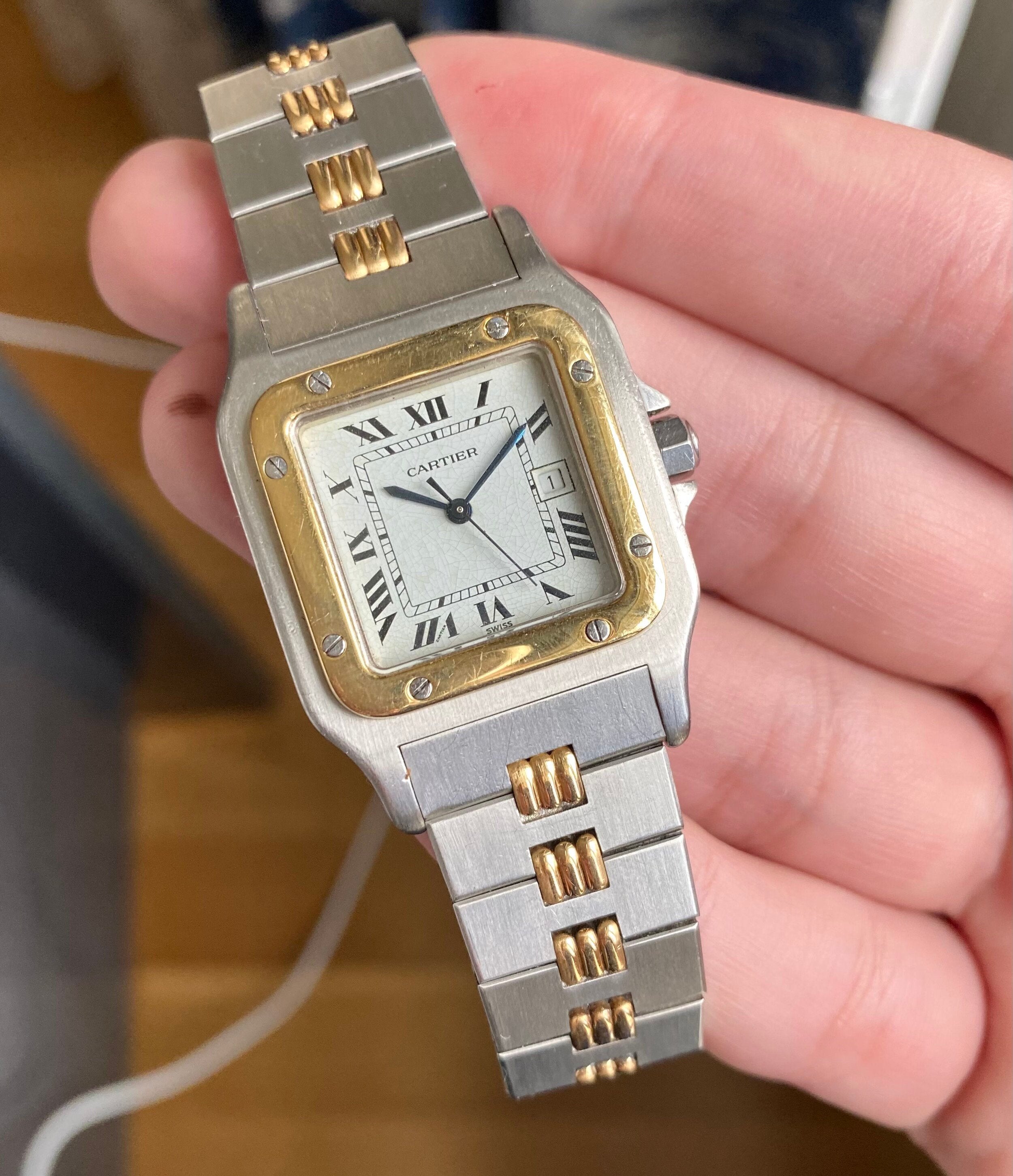 Vintage Cartier Santos 70s Automatic Two Tone White Roman Numeral Dial Watch