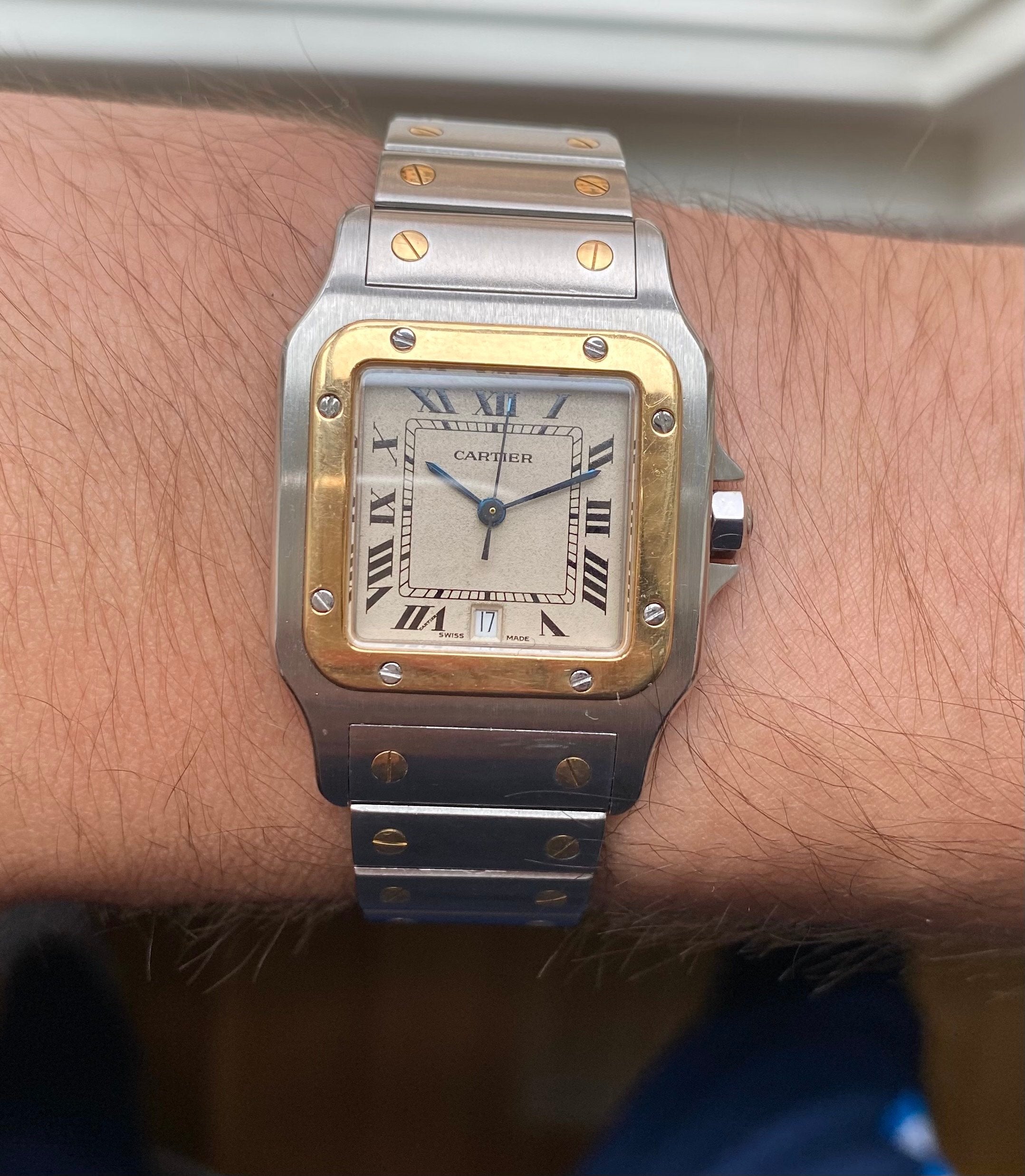Vintage Cartier Santos 80s Two Tone Quartz Roman Numeral Cream Dial Watch