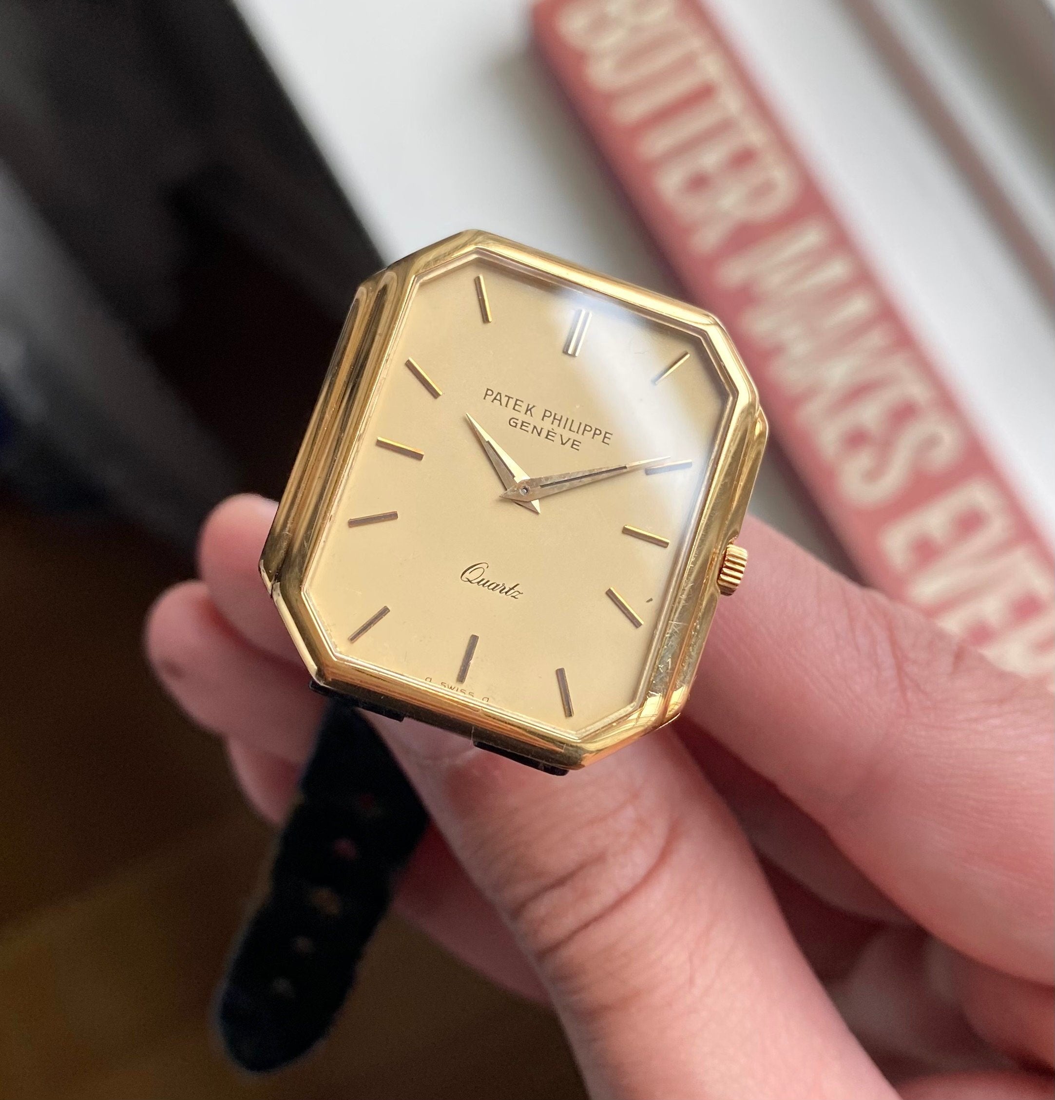 Vintage Patek Philippe 18K Yellow Gold Tank Quartz Matte Champagne Dial Watch