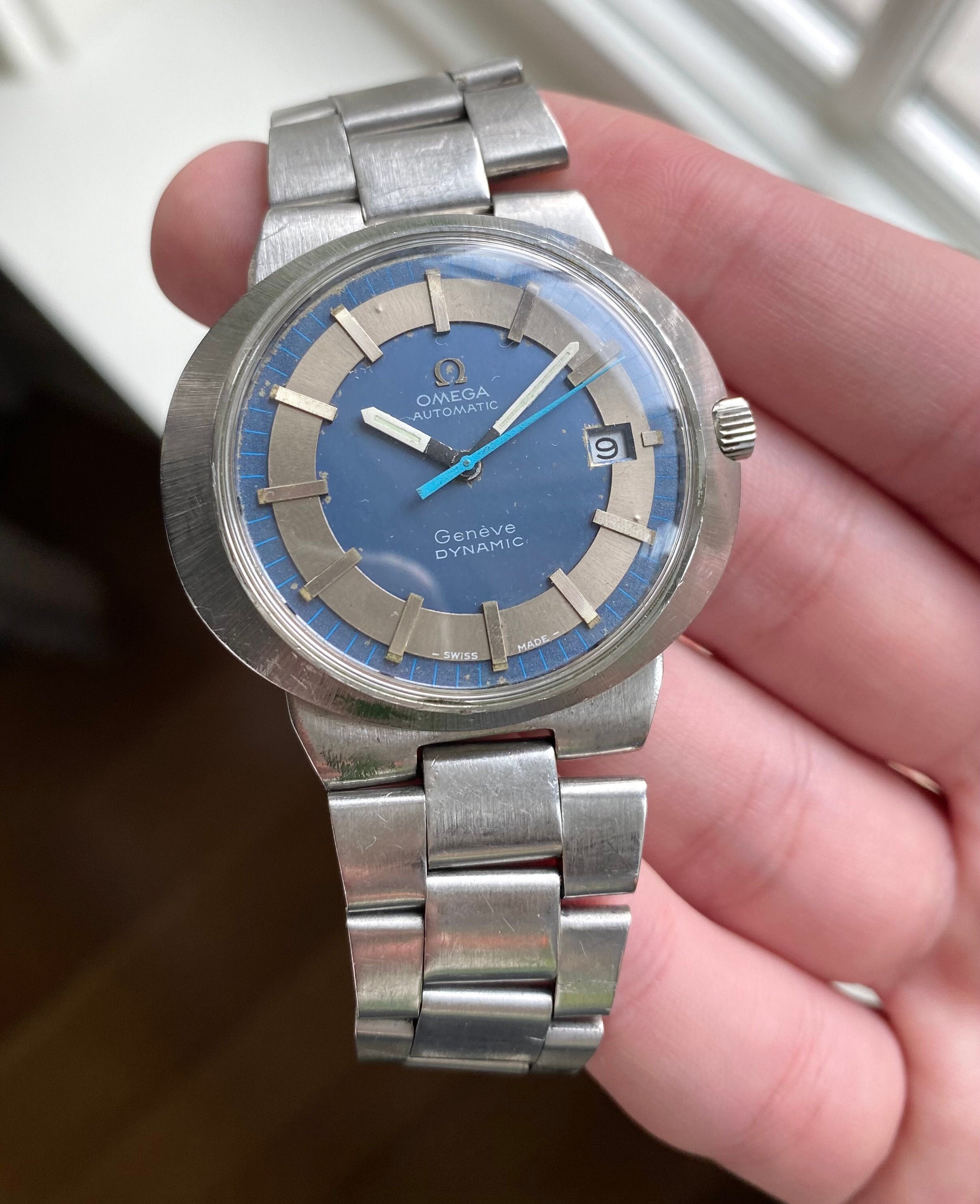 Vintage Omega Geneve Dynamic 70s Automatic Two Tone Blue Dial Steel UFO Watch