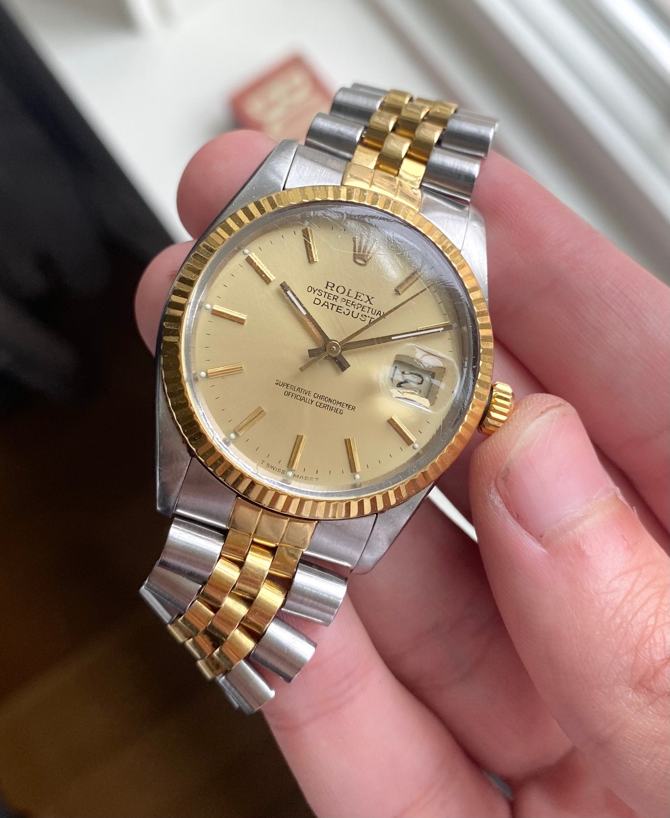 Rolex Datejust 80s Ref 16013 Automatic Gold Two Tone Champagne Dial 36mm Watch