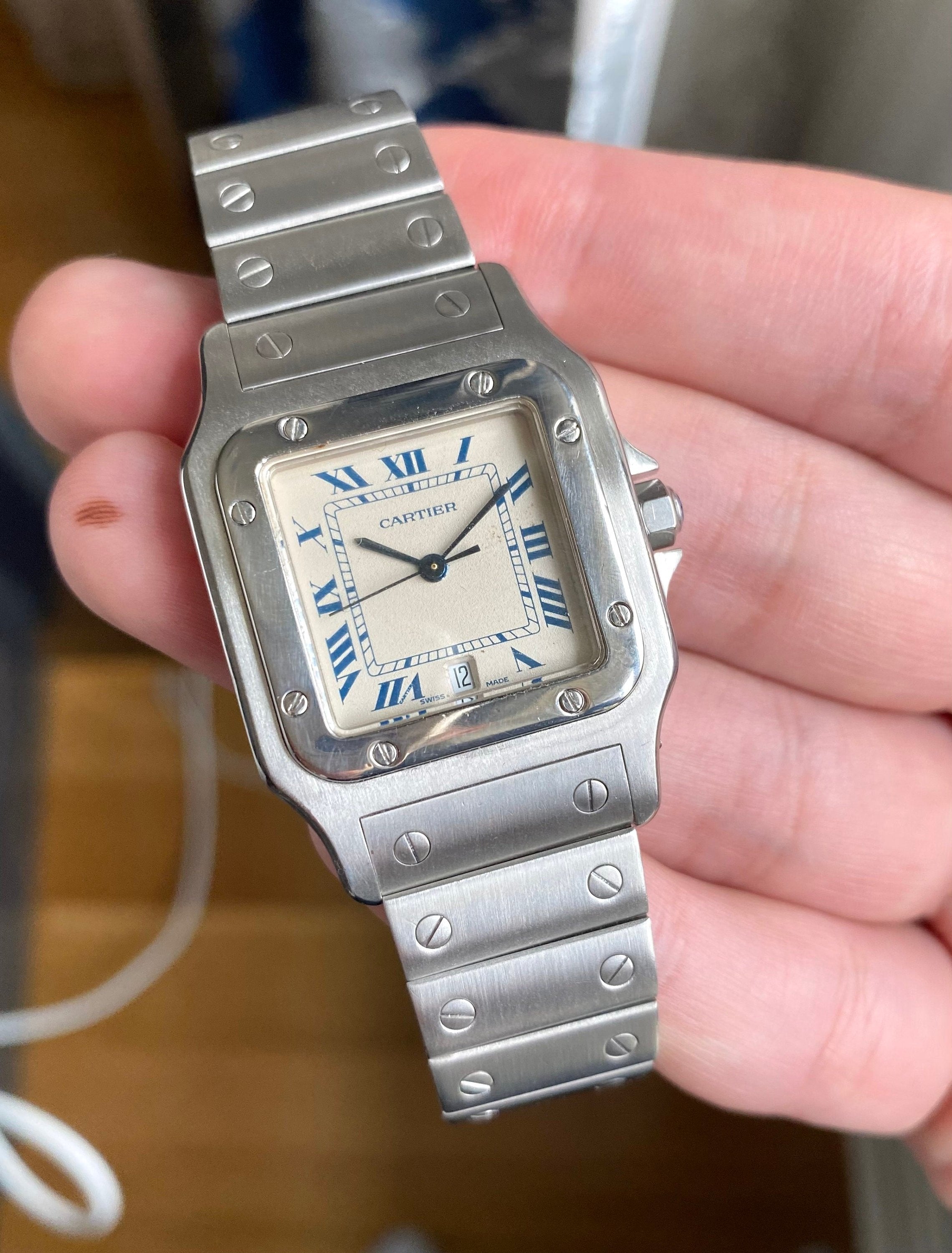 Vintage Cartier Santos Galbee Quartz White Roman Numeral Dial Steel Case Watch
