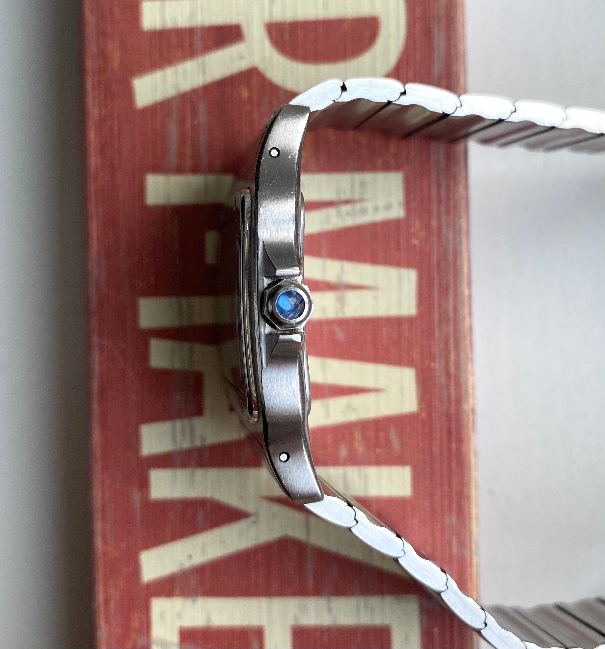 Vintage Cartier Santos 80s Quartz White Blue Roman Numeral Dial Steel Watch