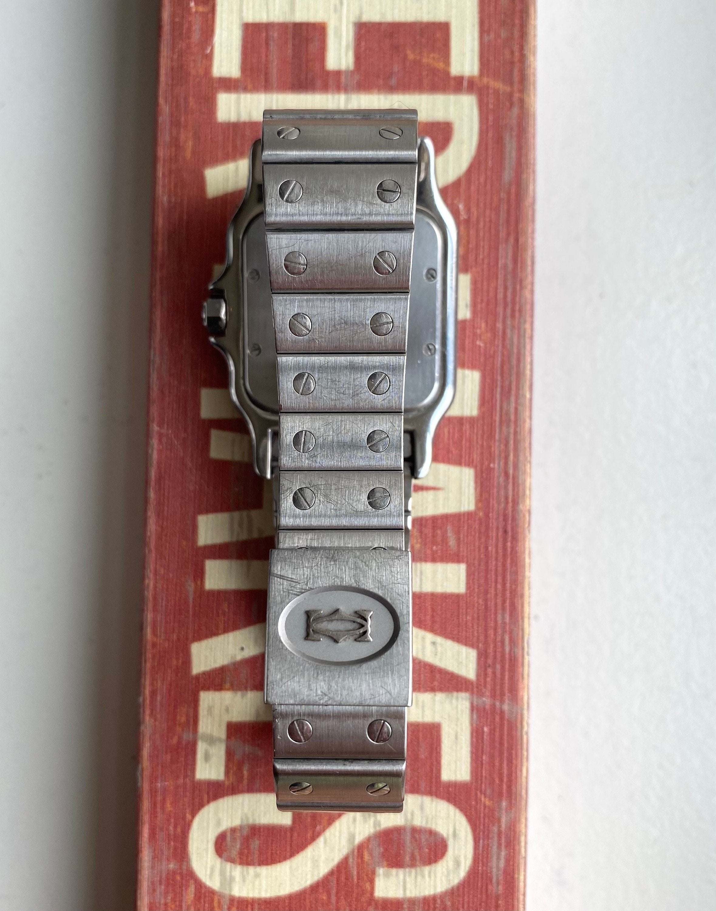 Vintage Cartier Santos 80s Quartz White Blue Roman Numeral Dial Steel Watch