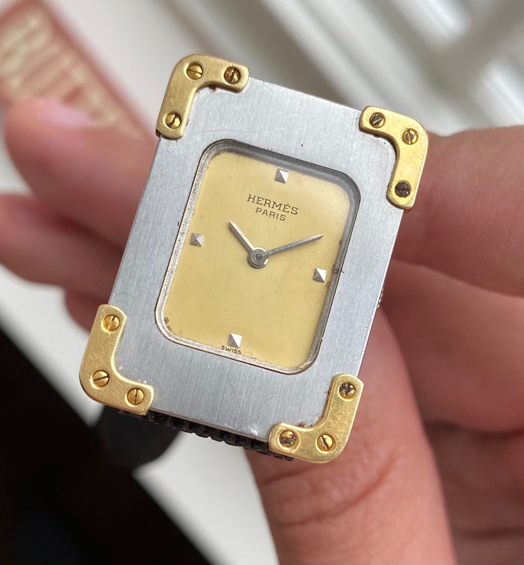 Vintage Hermes Tank 80s Tank Quartz Champagne Dial Two Tone Steel Case Watch