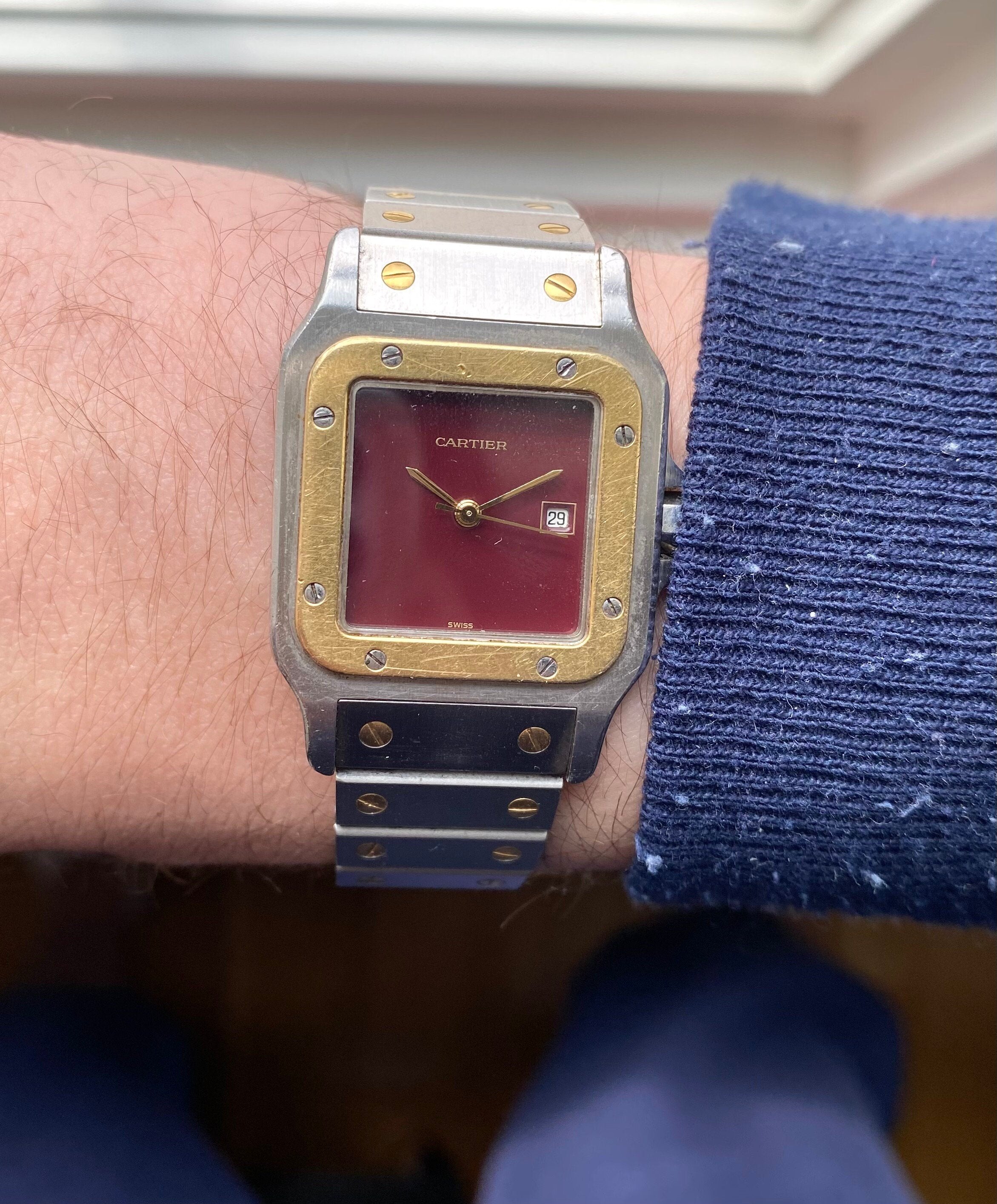 Cartier Santos 80s Vintage Automatic Two Tone RARE Red Lacquered Dial 29mm Case