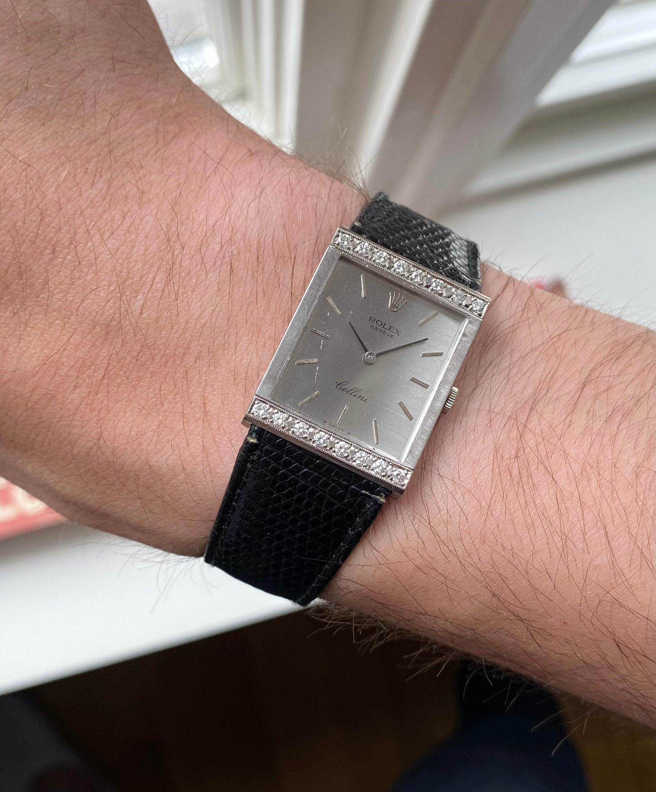 Vintage Rolex Cellini 70s 18K White Gold Tank Manual Wind Silver Dial w/ Diamonds