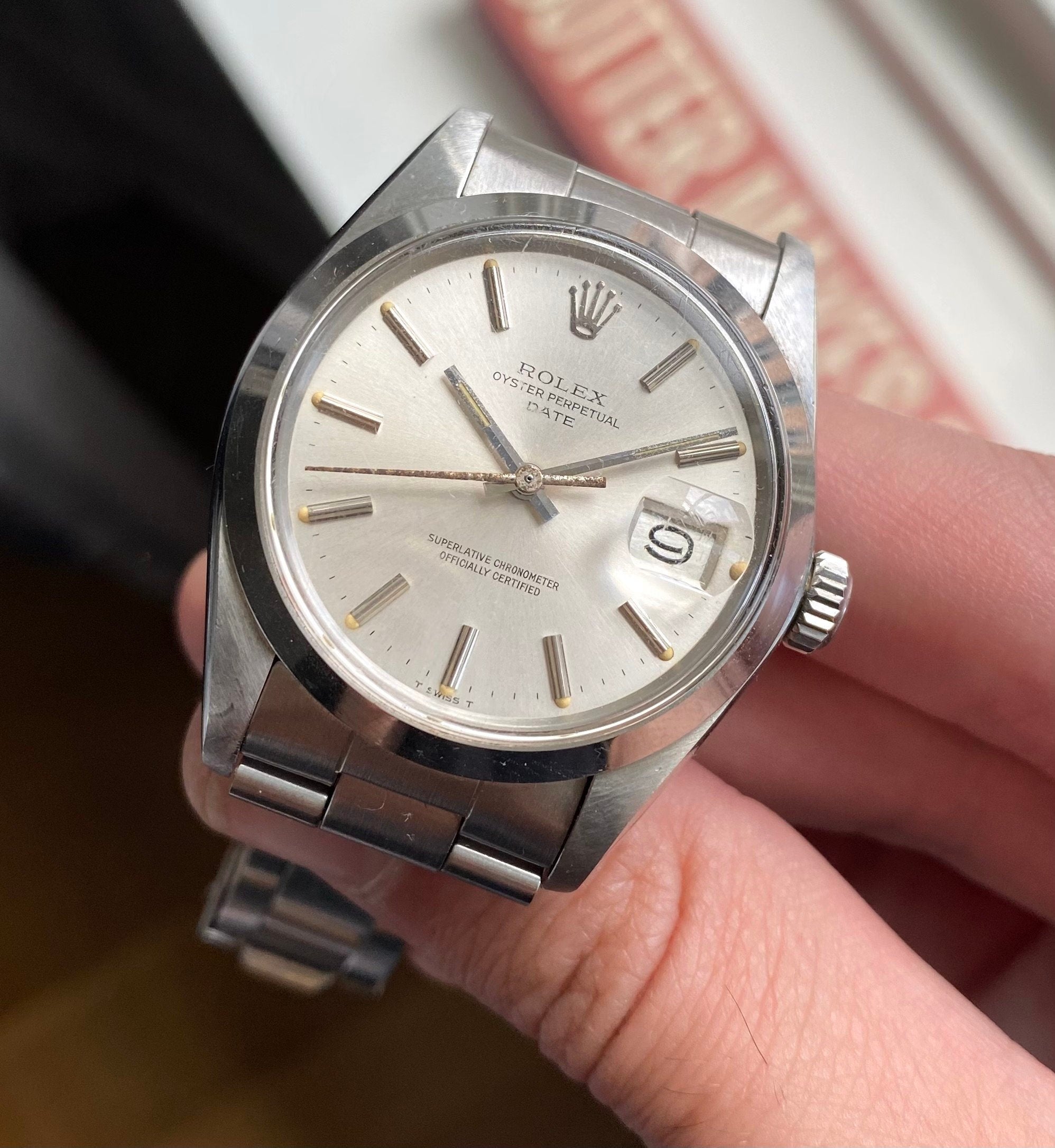 Vintage Rolex OP Date 70s Reference 1500 Silver Sunburst Dial 34mm Watch