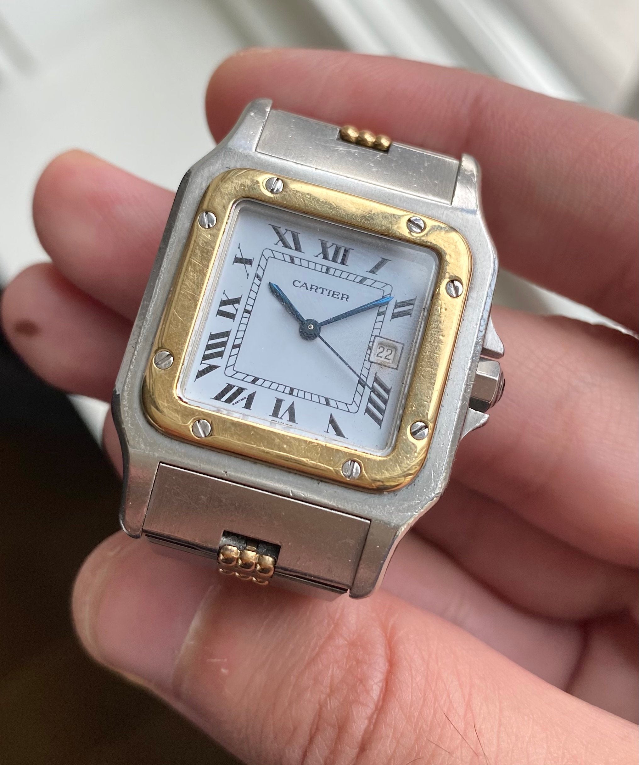 Vintage Cartier Santos 80s Automatic Two Tone White Roman Numeral Dial Watch