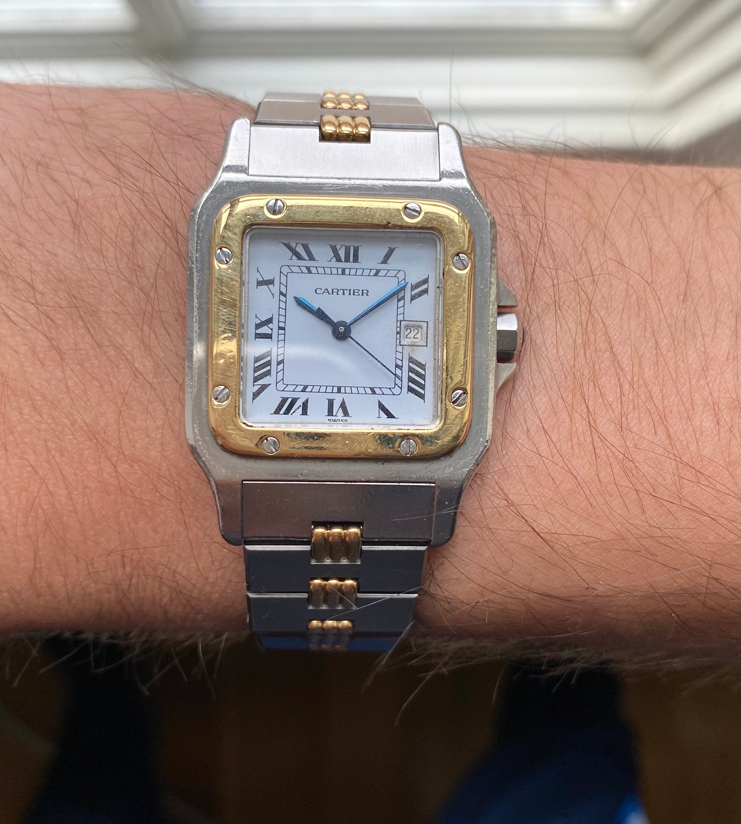Vintage Cartier Santos 80s Automatic Two Tone White Roman Numeral Dial Watch
